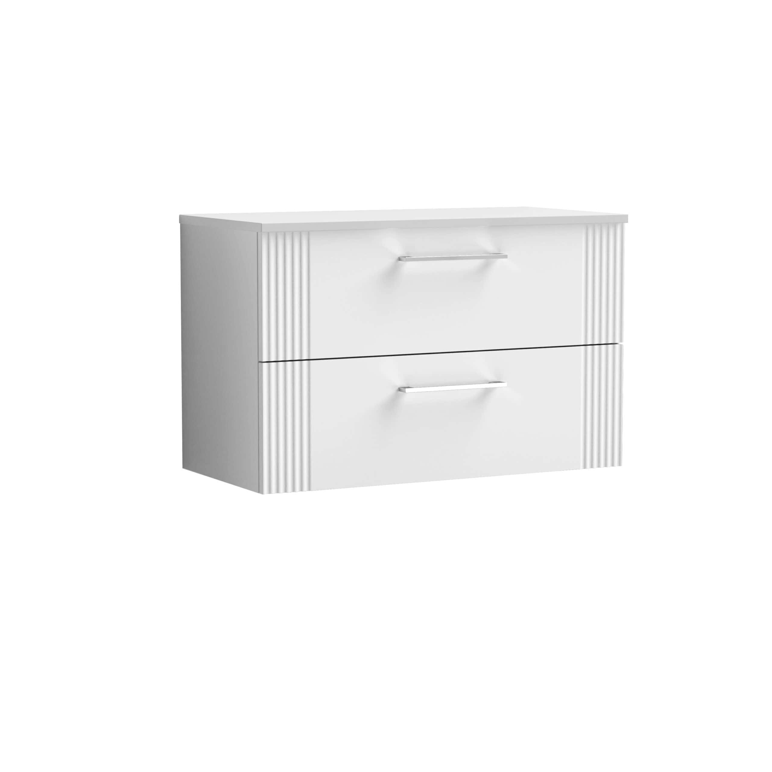 Sleek white bathroom vanity with two drawers, modern design, and metallic handles, ideal for stylish bathroom storage solutions. Perfect for contemporary bathrooms needing functional and aesthetic furniture.