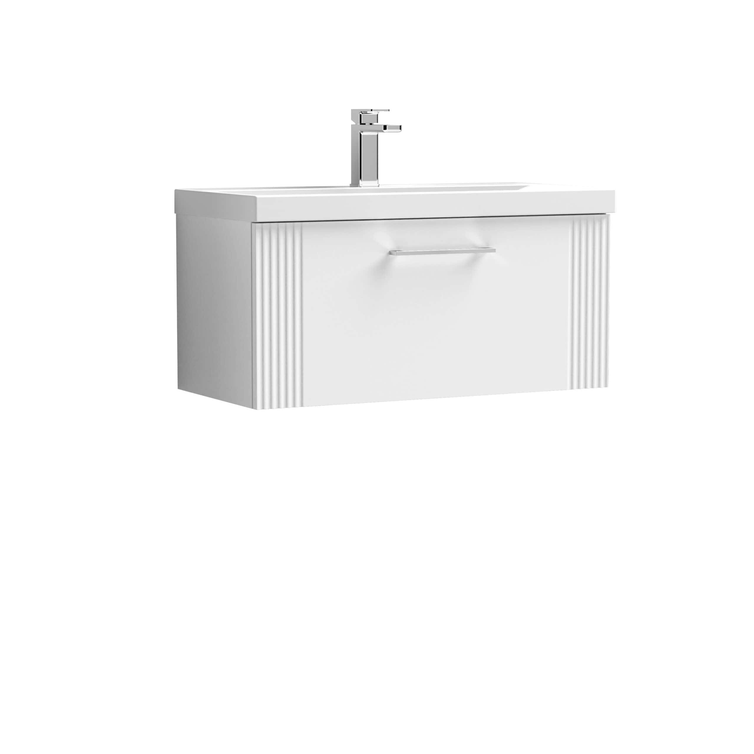 Luxury white bathroom vanity with integrated sink and modern chrome tap, perfect for contemporary bathroom designs.