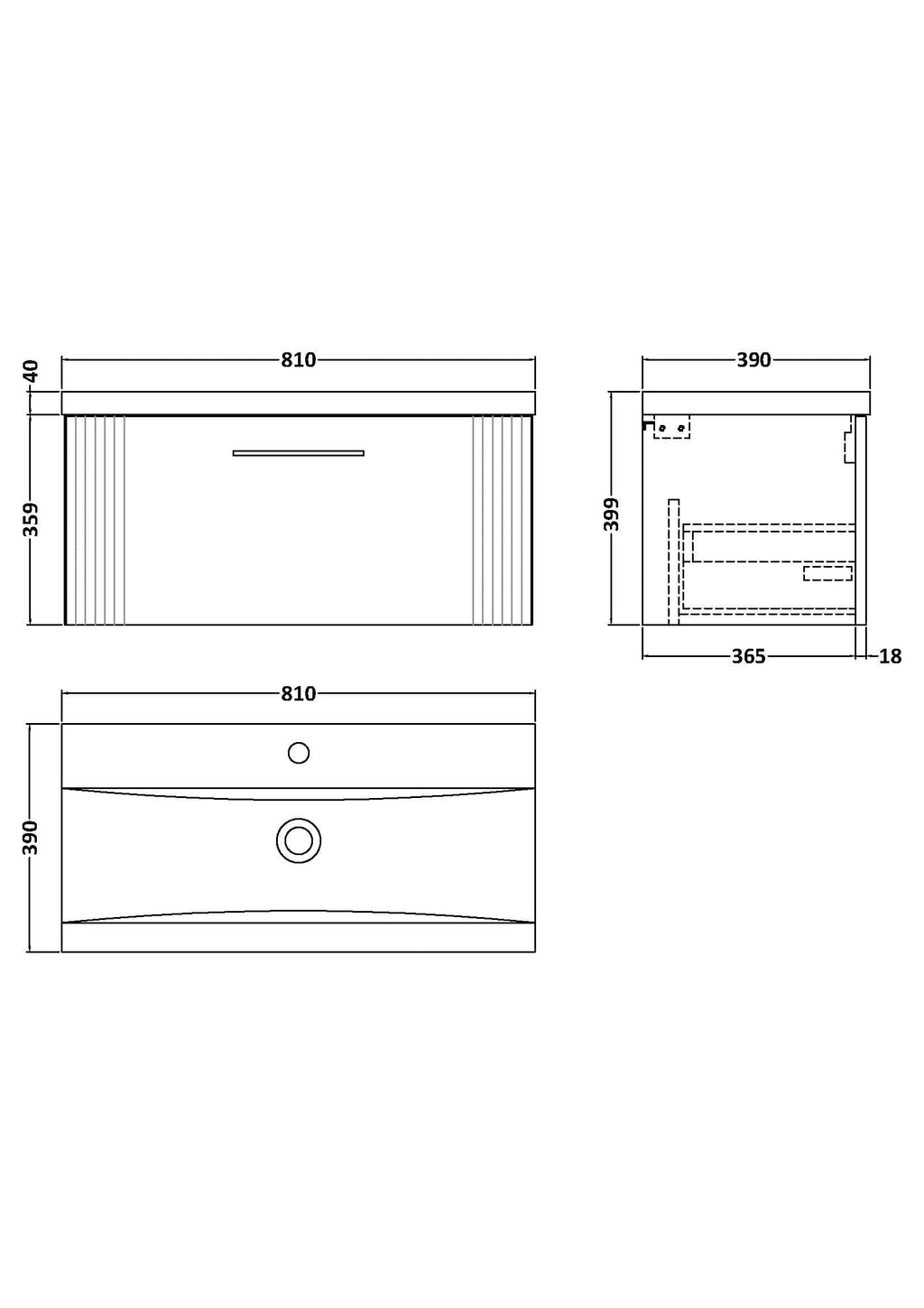 Contemporary bathroom vanity unit with detailed measurement drawings, featuring sleek design, storage drawers, and modern fixtures for stylish bathroom renovations.