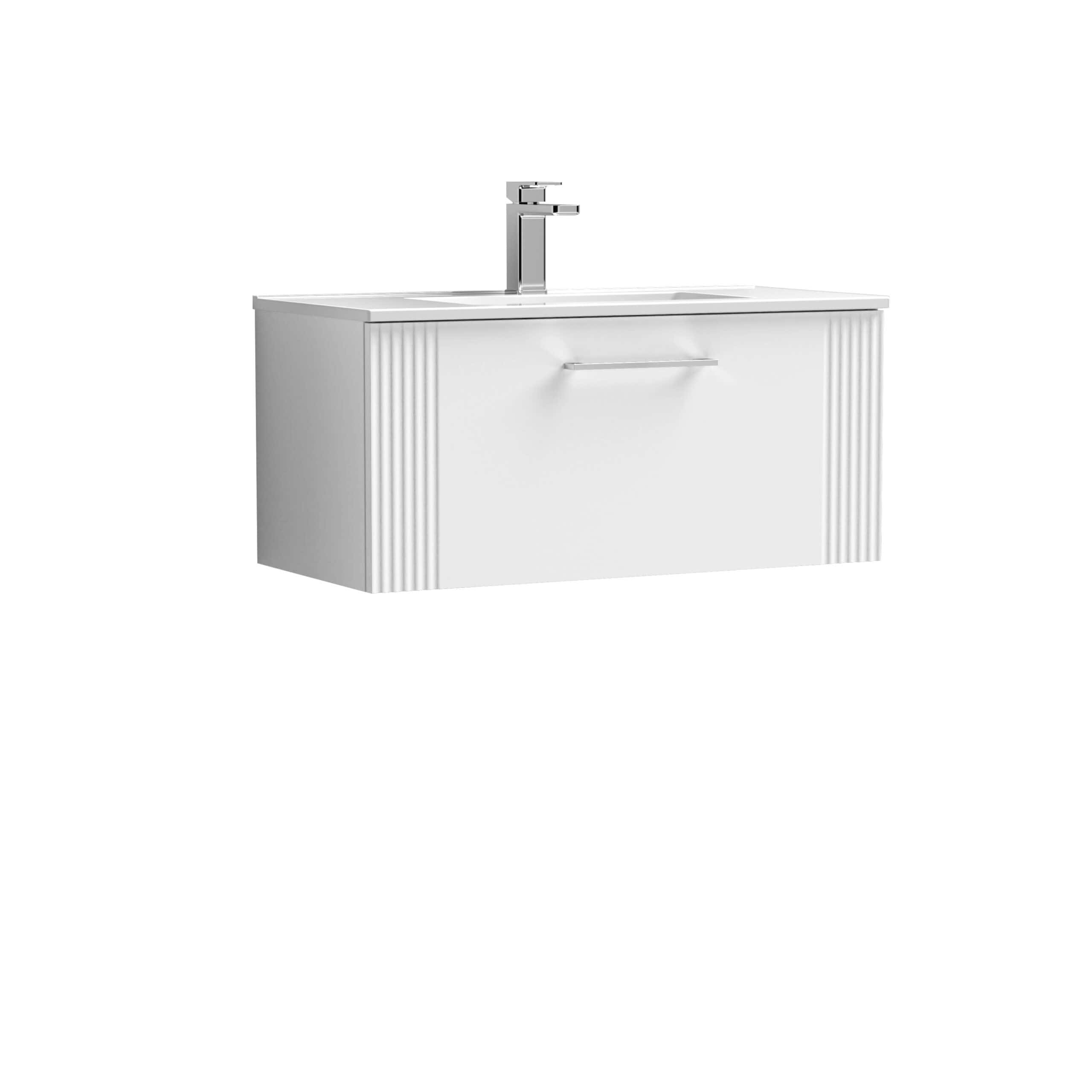 Sleek white bathroom vanity with integrated sink and modern chrome faucet, perfect for contemporary bathroom decor and efficient storage solutions.