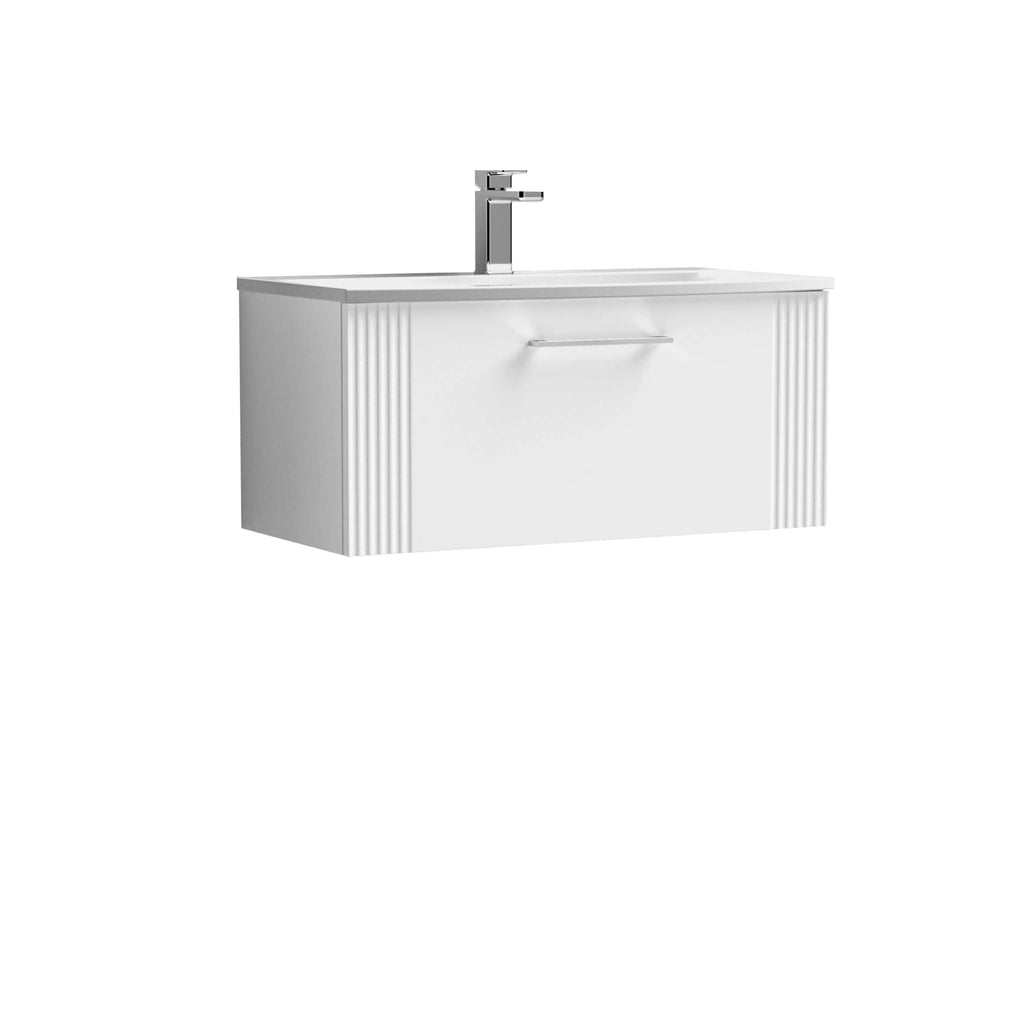 Modern white bathroom vanity with integrated sink and sleek chrome tap, ideal for contemporary bathroom design.