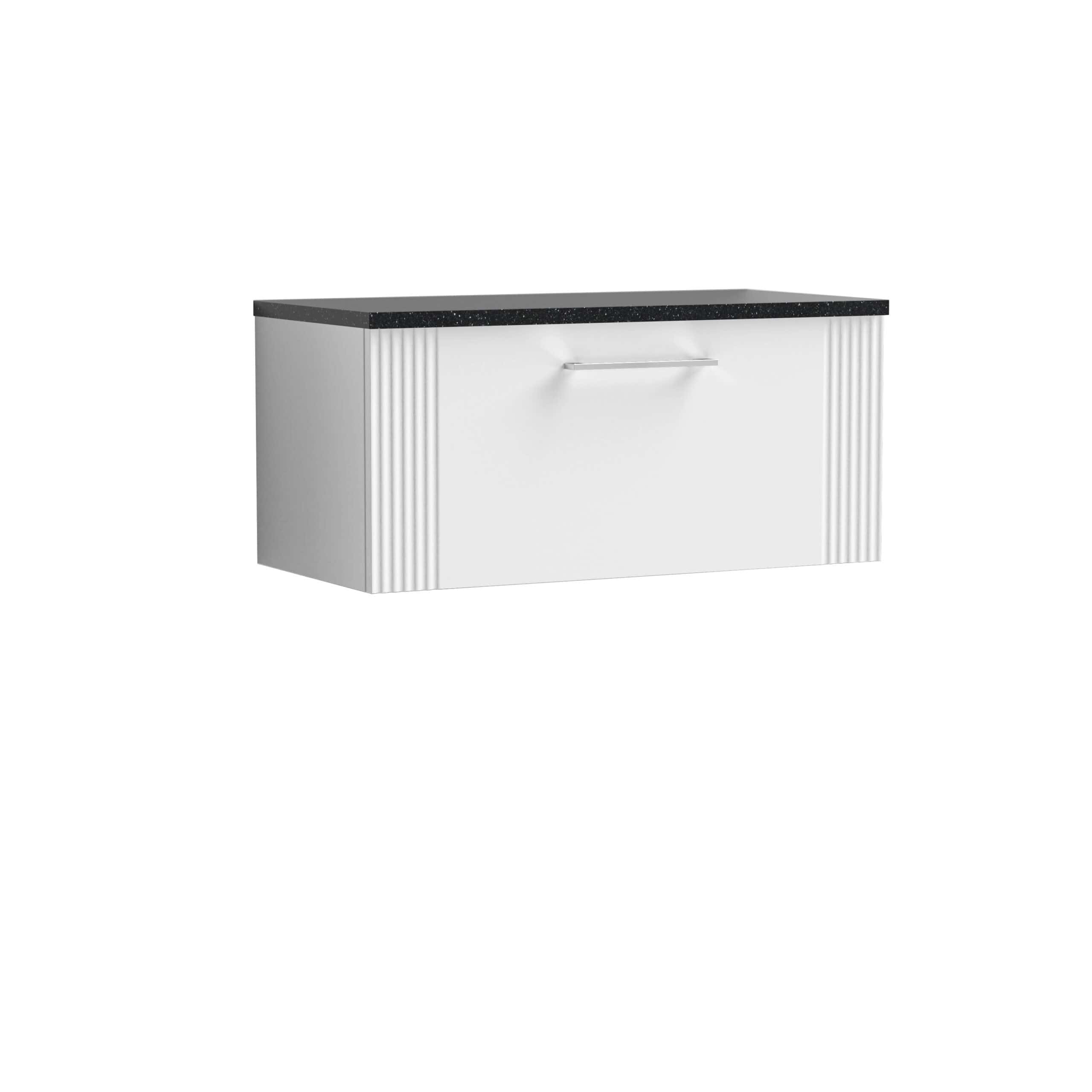 Contemporary bathroom vanity with sleek white finish, vertical grooved accents, and black quartz countertop, ideal for modern bathroom designs.