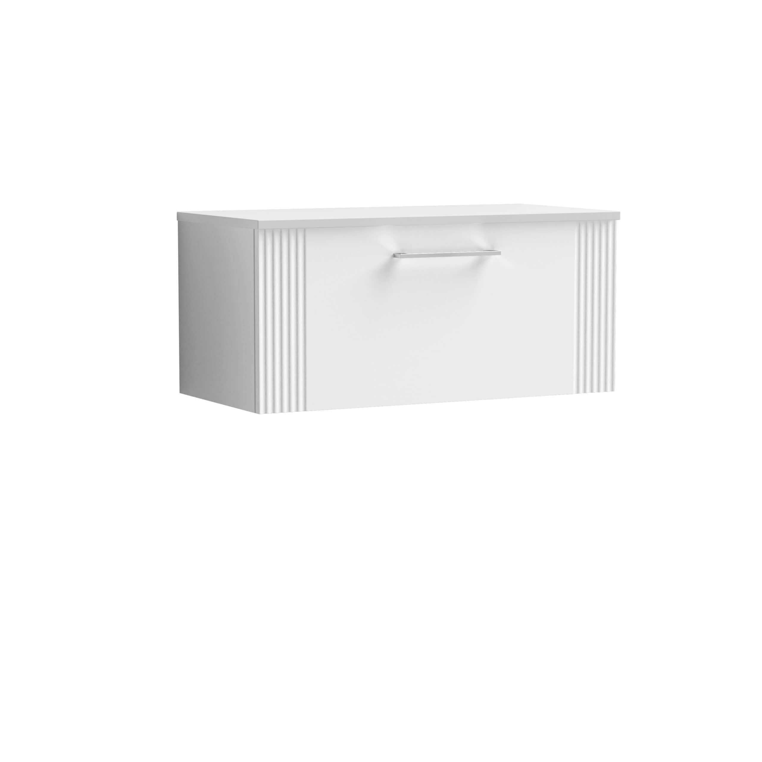 Modern white bathroom wall cabinet with a sleek silver handle and decorative fluted side panels, ideal for bathroom storage and organisation. Perfect for contemporary bathroom designs.