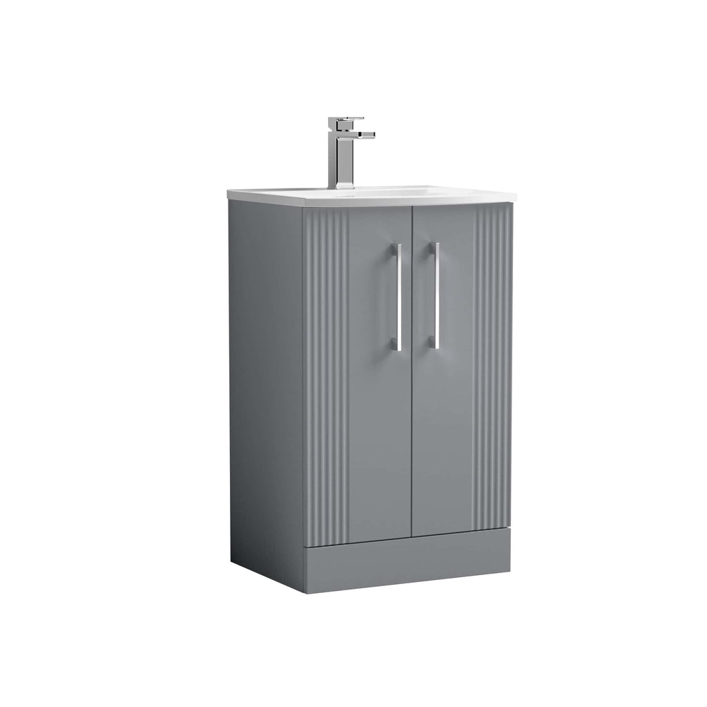 Modern grey bathroom vanity unit with sink and chrome tap, ideal for contemporary bathrooms and storage solutions.