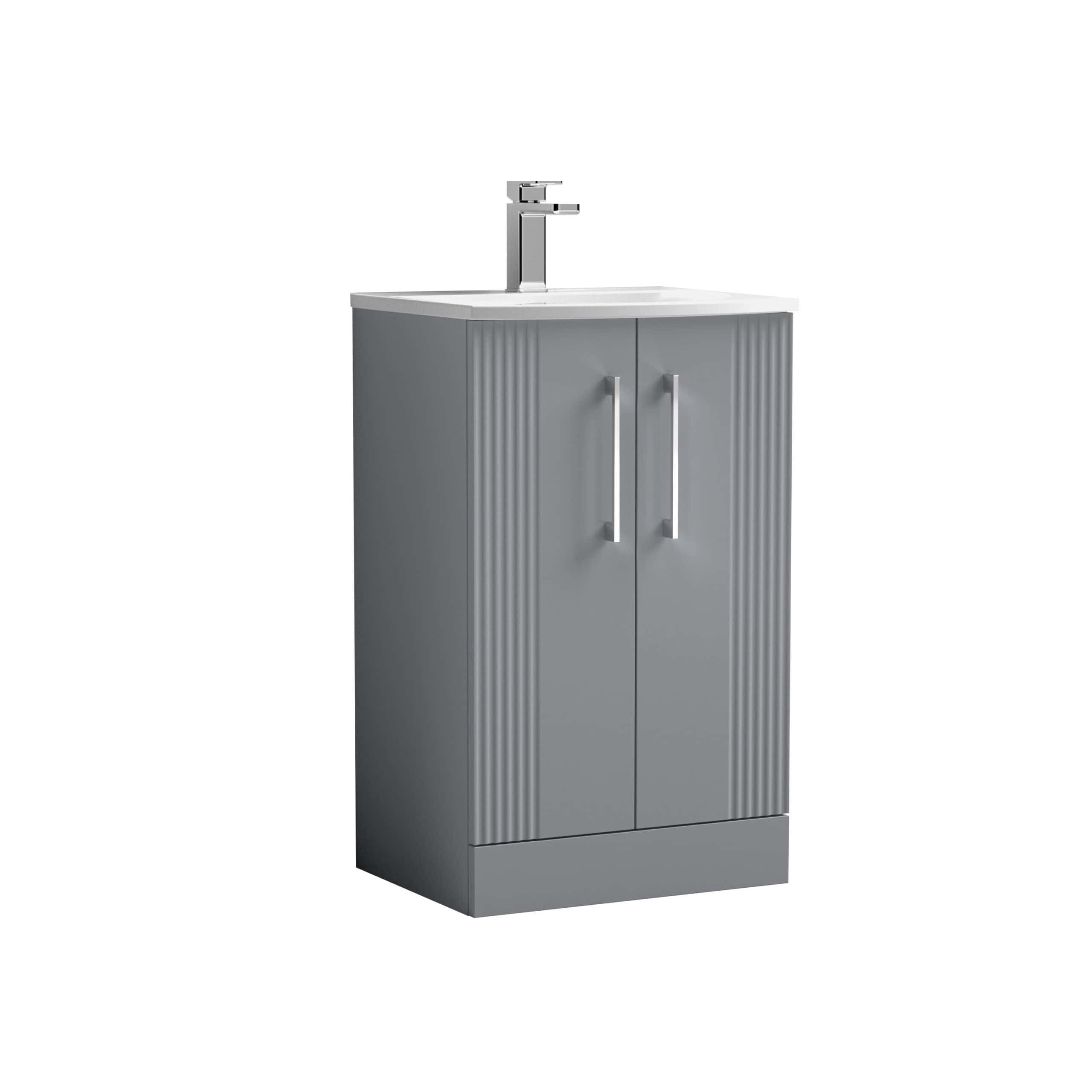 Modern grey bathroom vanity unit with sink and chrome tap, ideal for contemporary bathrooms and storage solutions.