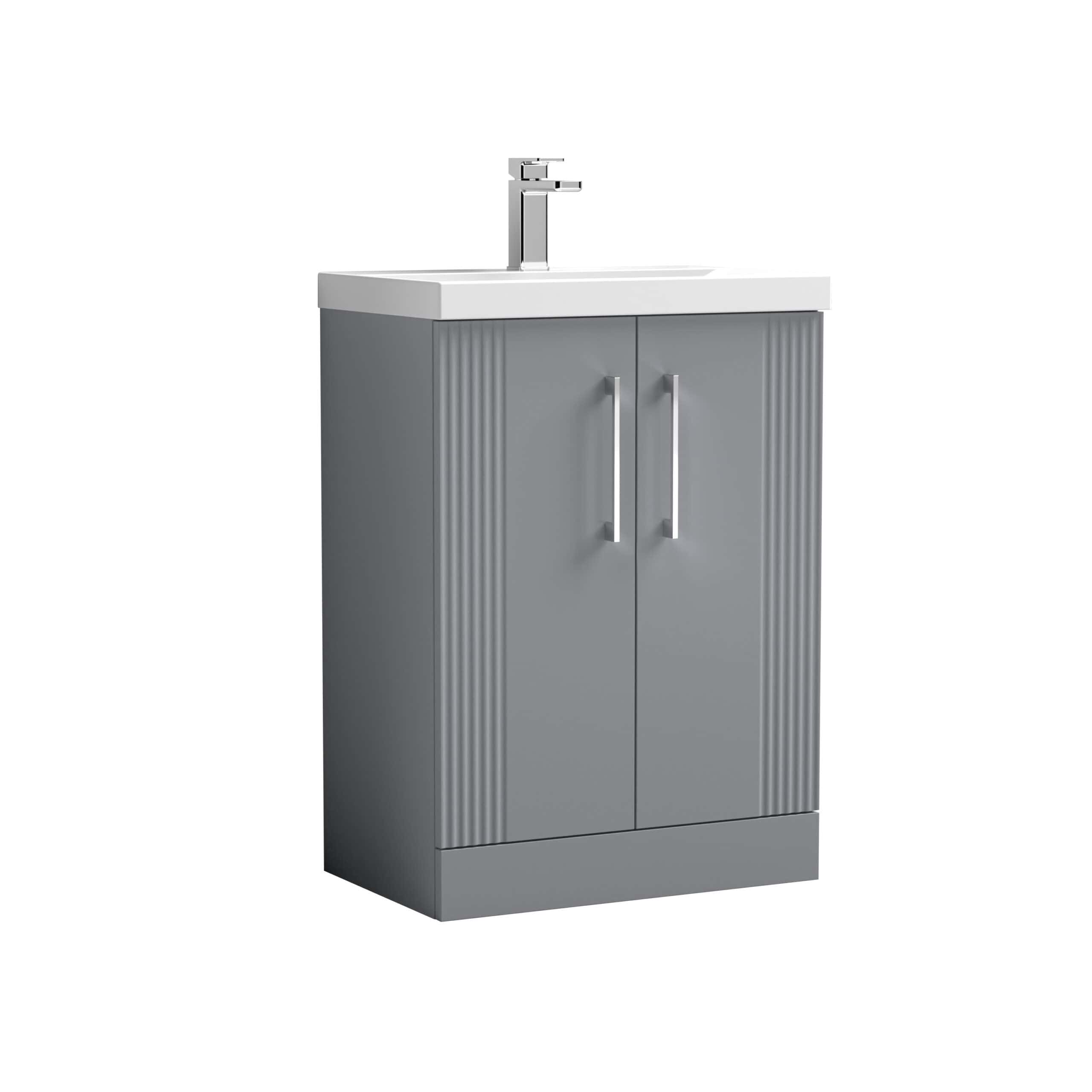 Modern grey bathroom vanity with a white sink and sleek chrome faucet, ideal for contemporary bathroom remodels and storage solutions.