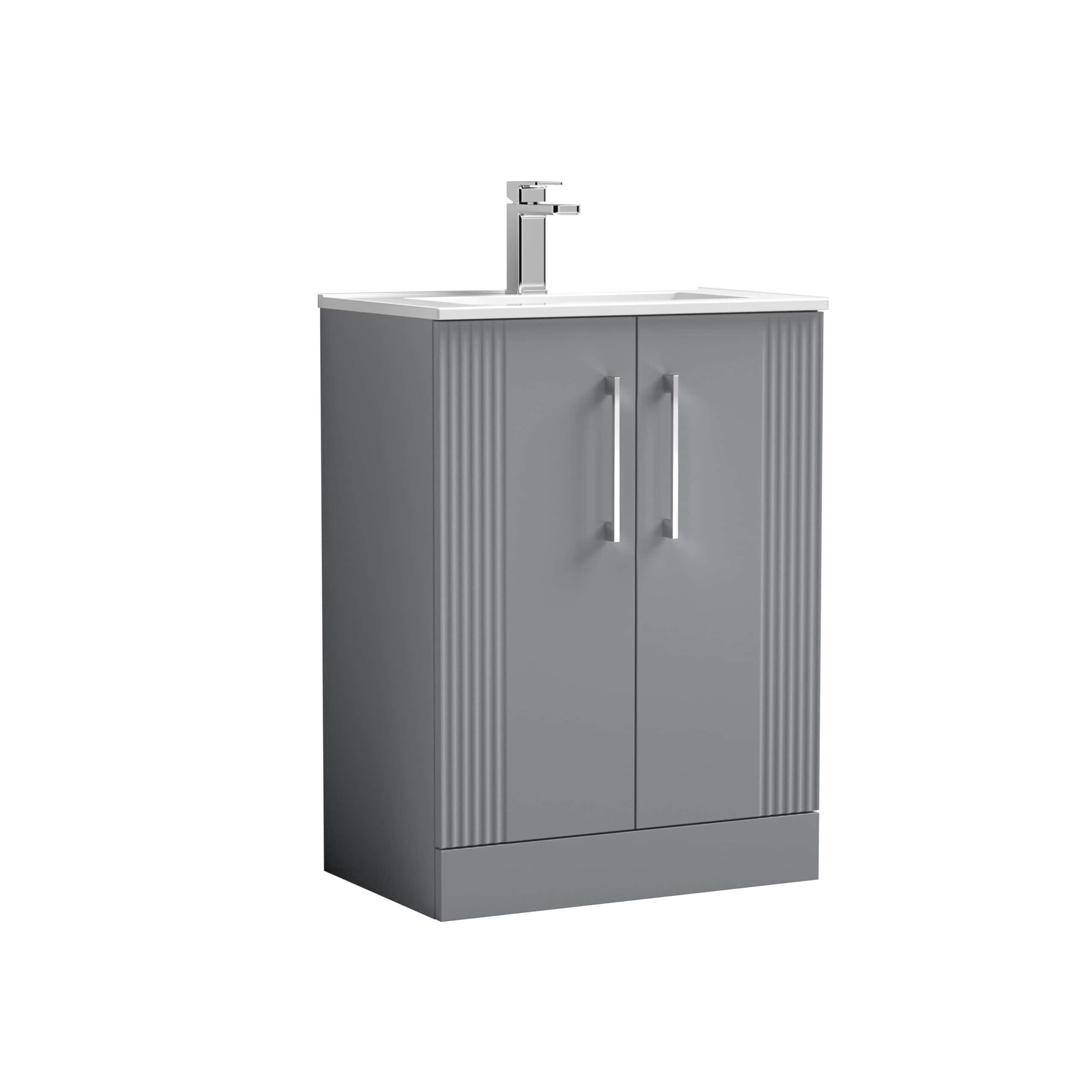 Sleek grey bathroom vanity with storage cabinets and a modern sink, ideal for contemporary bathroom design and organisation. Perfect for bathroom renovations and updating your space.