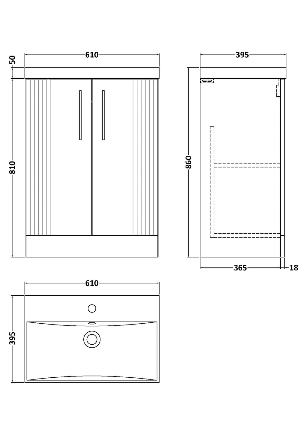 Elegant bathroom vanity unit with vertical panel door design and sleek handles for modern bathroom storage solutions.