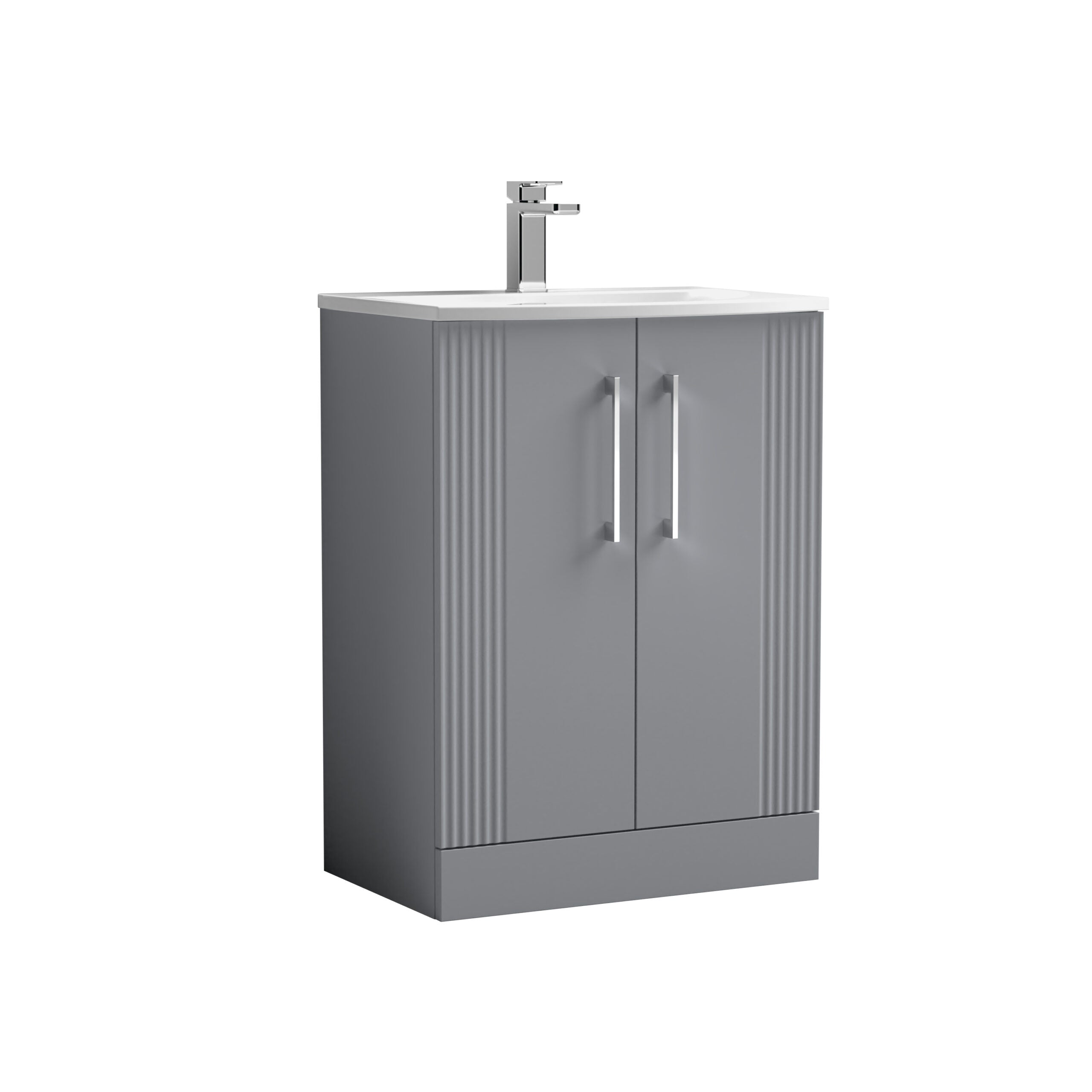 Modern grey bathroom vanity with integrated sink and chrome faucet, ideal for contemporary bathroom designs. Durable cabinetry and sleek handles enhance functionality and style.