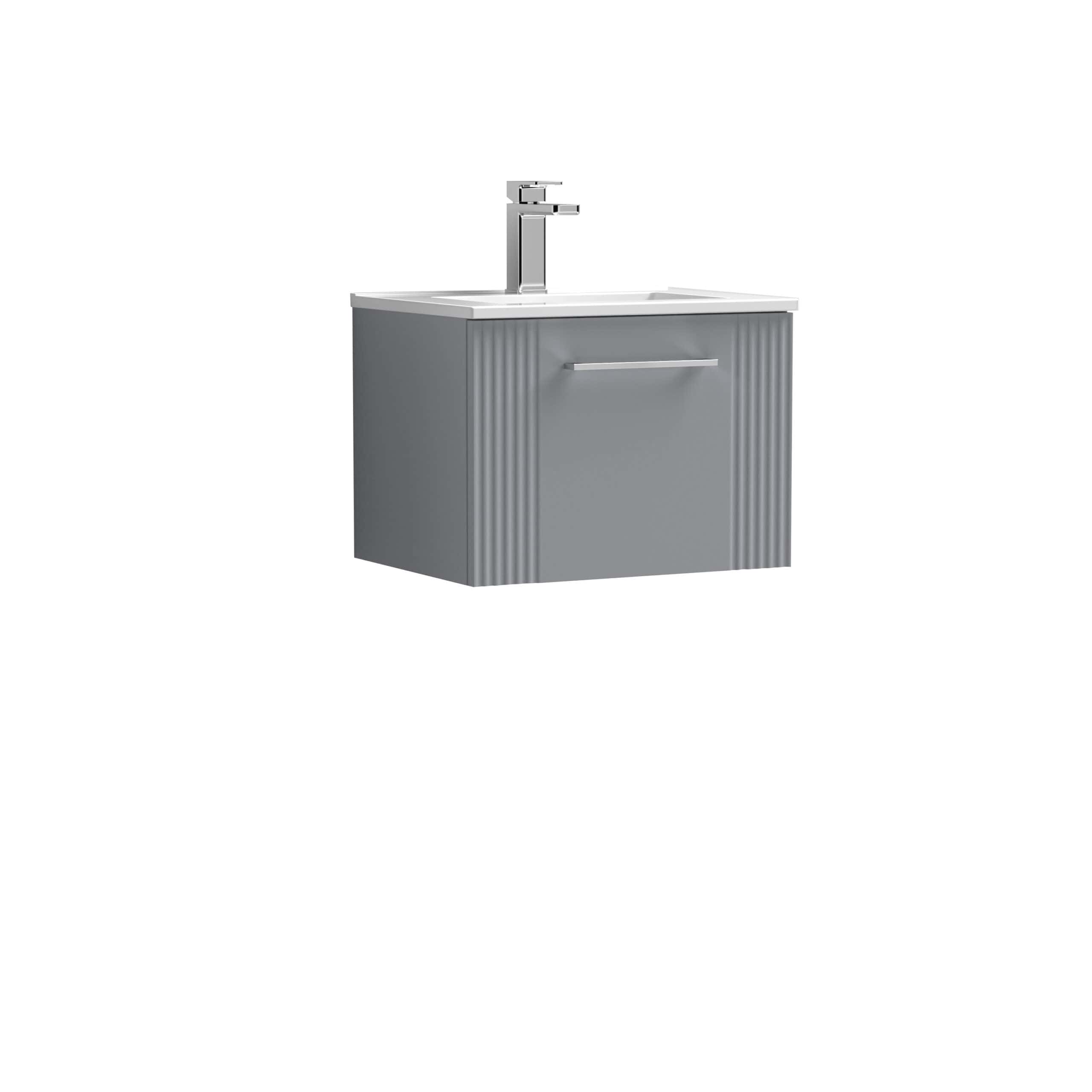 Modern grey bathroom vanity with a single-door cabinet and sleek chrome handle, featuring an integrated sink and contemporary chrome faucet, ideal for stylish bathroom upgrades.
