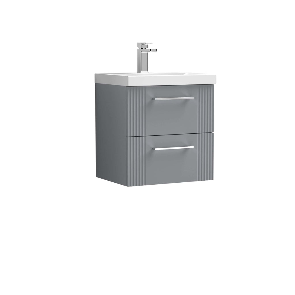 Modern grey bathroom vanity unit with integrated sink and chrome faucet, perfect for contemporary bathroom designs. Featuring two drawers for efficient storage and a sleek, minimalist finish.