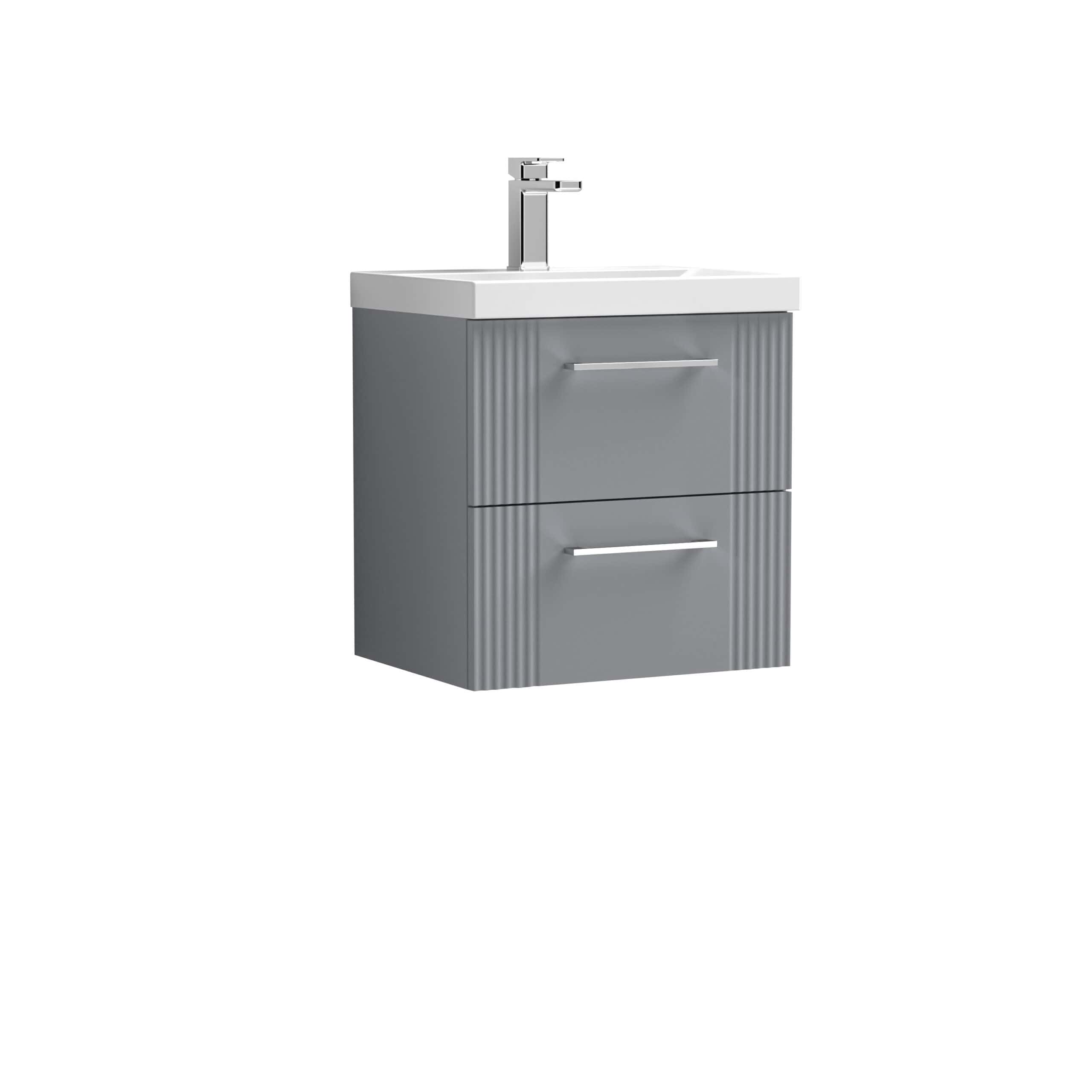 Modern grey bathroom vanity unit with integrated sink and chrome faucet, ideal for contemporary bathroom interior design. Durable storage drawers enhance functionality and style.