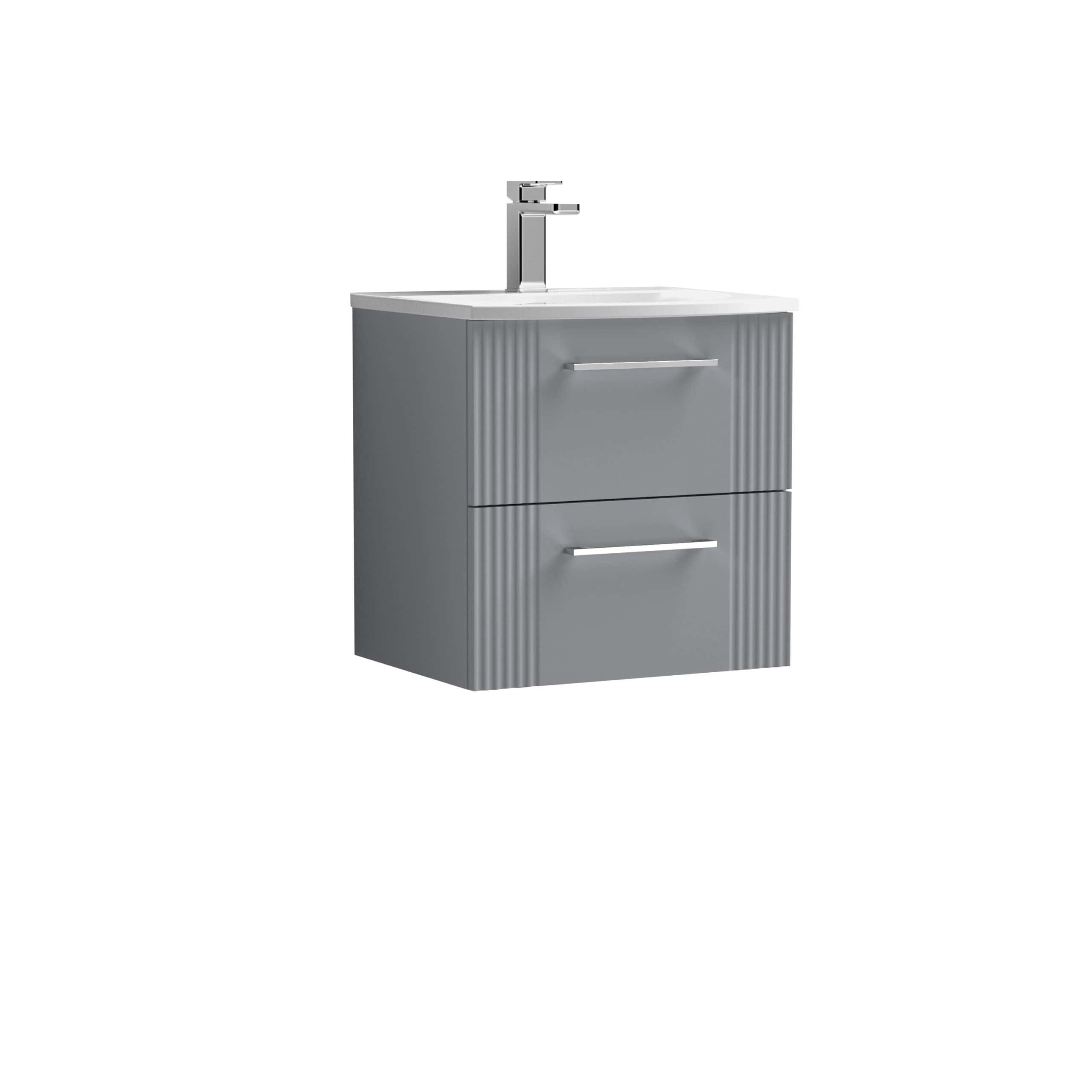 Modern grey bathroom vanity unit with integrated sink and chrome faucet, ideal for contemporary ensuite or guest bathrooms. Features two spacious drawers for practical storage.