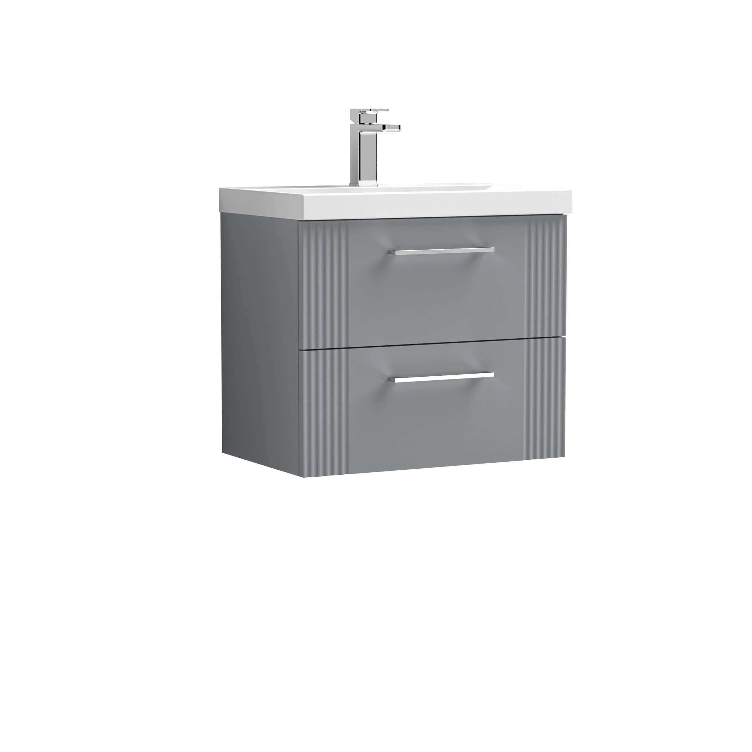 Sleek grey bathroom vanity unit with integrated sink and modern chrome faucet, ideal for contemporary bathroom designs. Features two spacious drawers with stylish handles for convenient storage.
