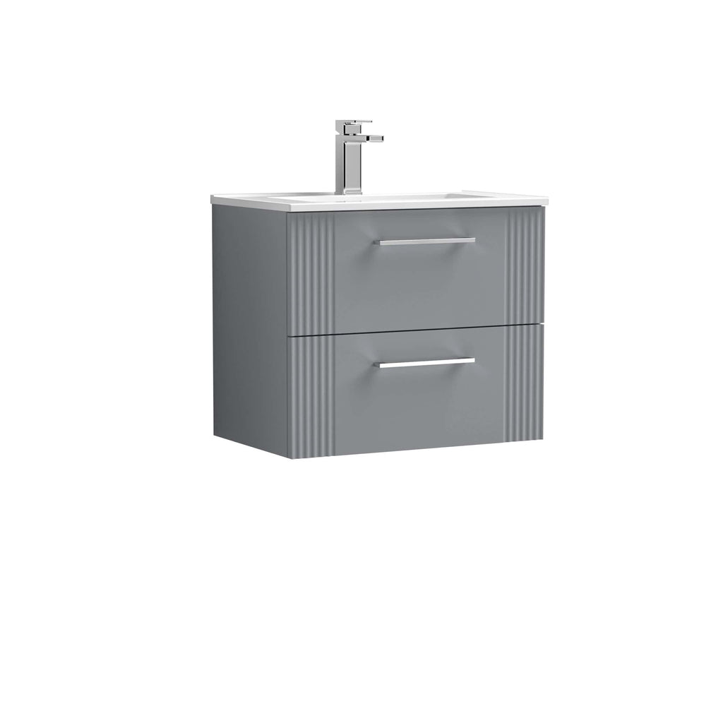 Sleek grey bathroom vanity with integrated sink and modern chrome faucet, featuring two spacious drawers for effective bathroom storage and contemporary design.