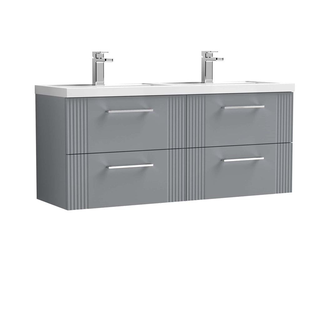 Sleek grey double bathroom vanity unit with integrated sinks and chrome taps, modern design, ideal for contemporary bathrooms.