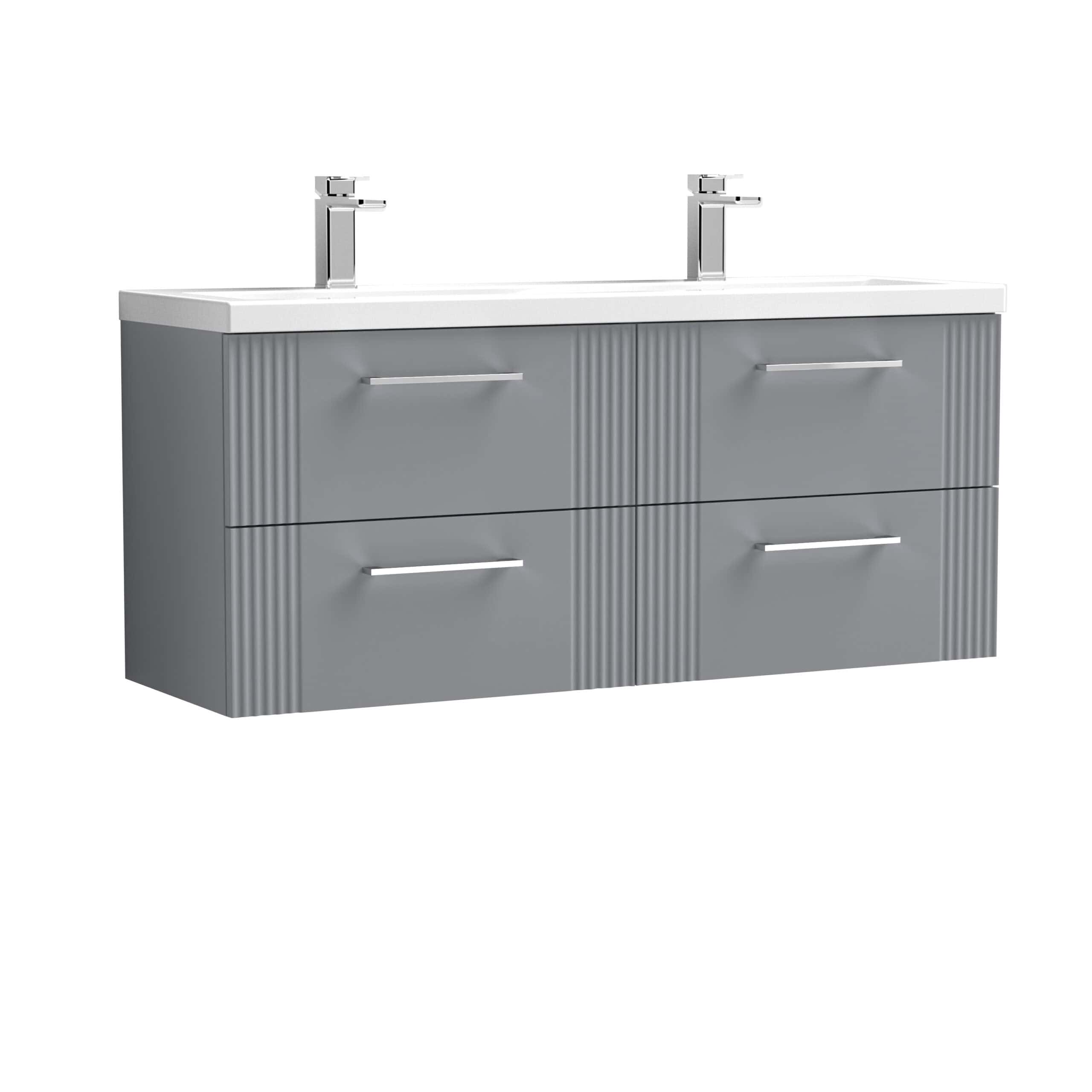 Sleek grey double bathroom vanity unit with two integrated sinks and modern chrome faucets, ideal for contemporary bathrooms. Featuring four spacious drawers with minimalist handles for storage.