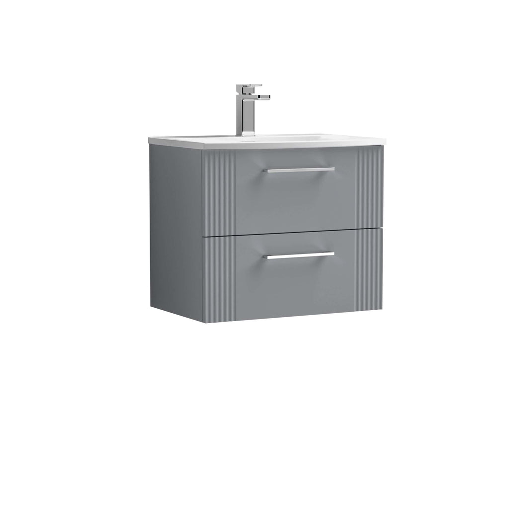 Modern grey bathroom vanity unit with integrated sink and chrome handles, ideal for contemporary bathroom renovation and storage solutions.