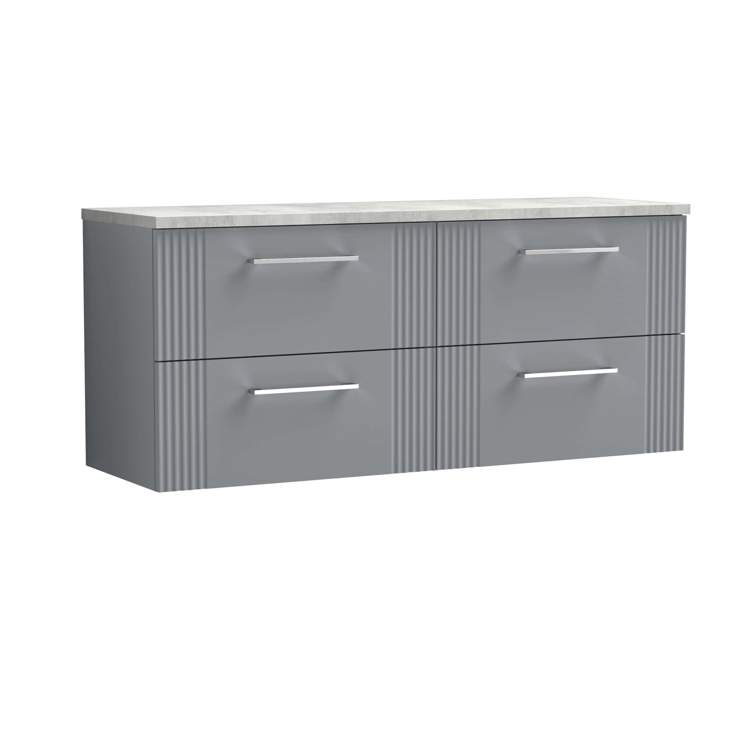 Sleek grey bathroom vanity with modern handles and textured ribbed detailing, ideal for contemporary bathroom remodels and storage solutions.