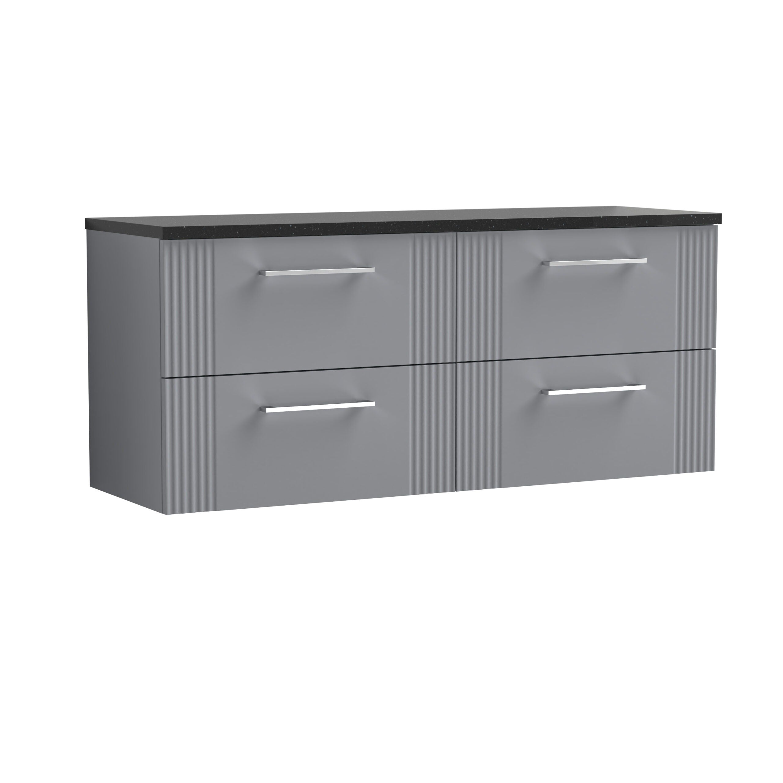 Sleek grey bathroom vanity with six drawers and a black countertop, ideal for modern bathroom storage solutions. Durable design with ribbed drawer fronts and minimalist handles.