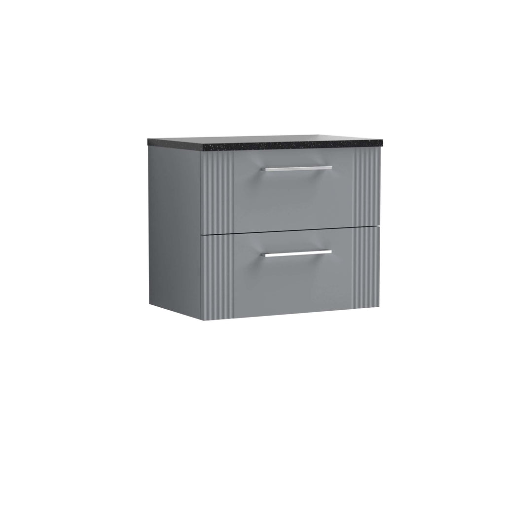 Polished grey bathroom vanity unit with two drawers and a black speckled countertop, ideal for modern bathroom storage solutions.