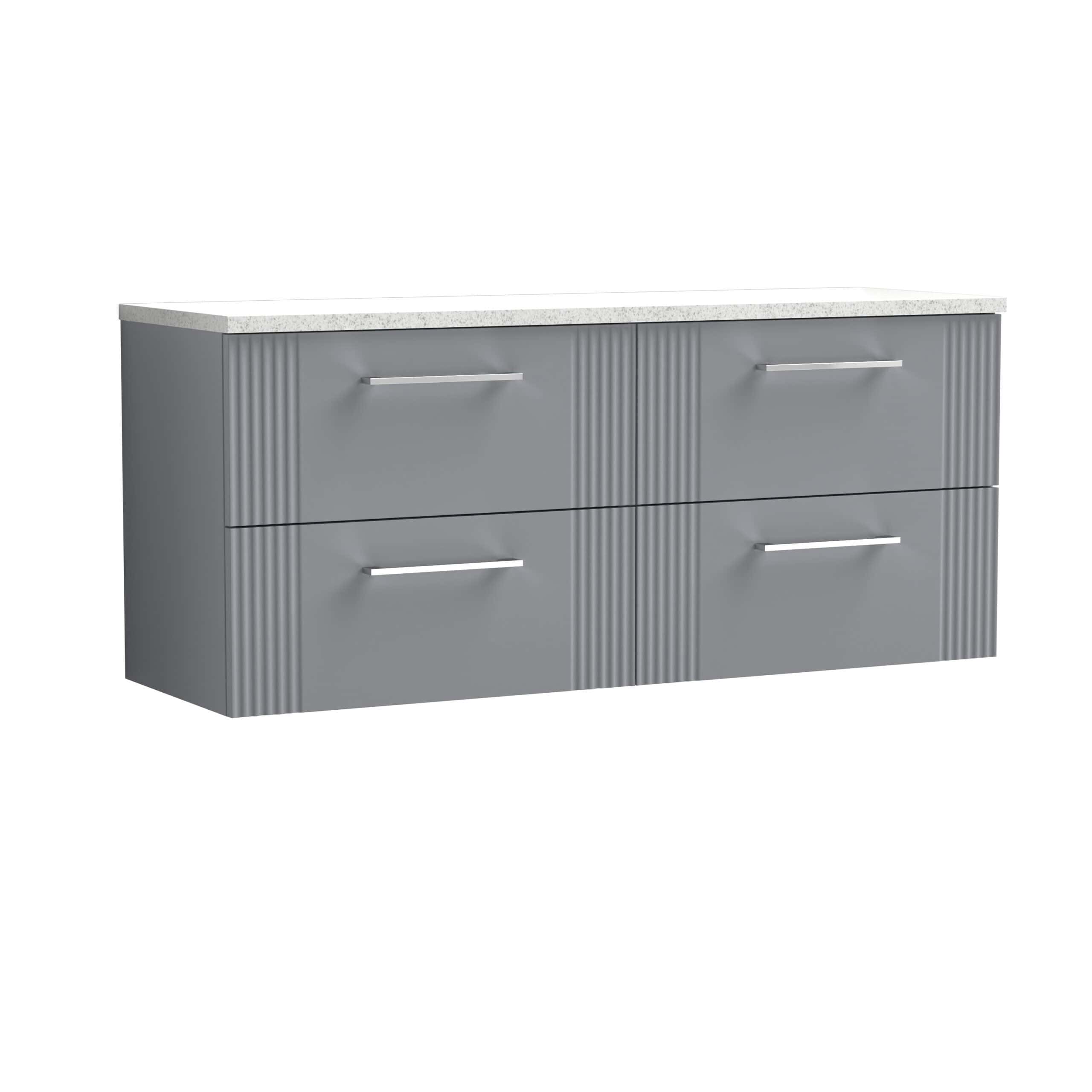 Sleek grey bathroom vanity with six drawers, modern chrome handles, and a durable white countertop, ideal for contemporary bathroom renovation and storage solutions.