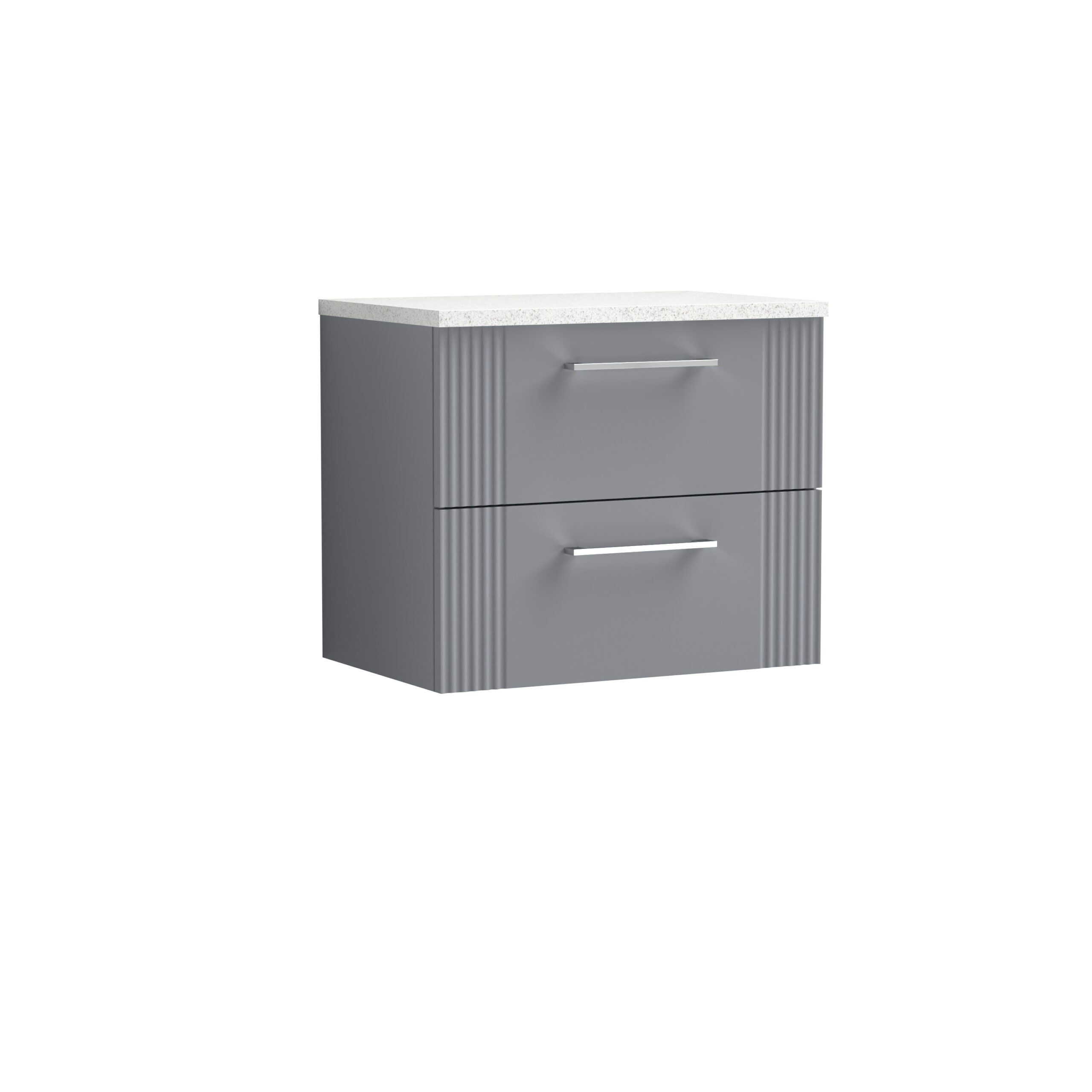 Modern grey bathroom vanity unit with two drawers and a white top, designed for contemporary bathroom storage solutions.