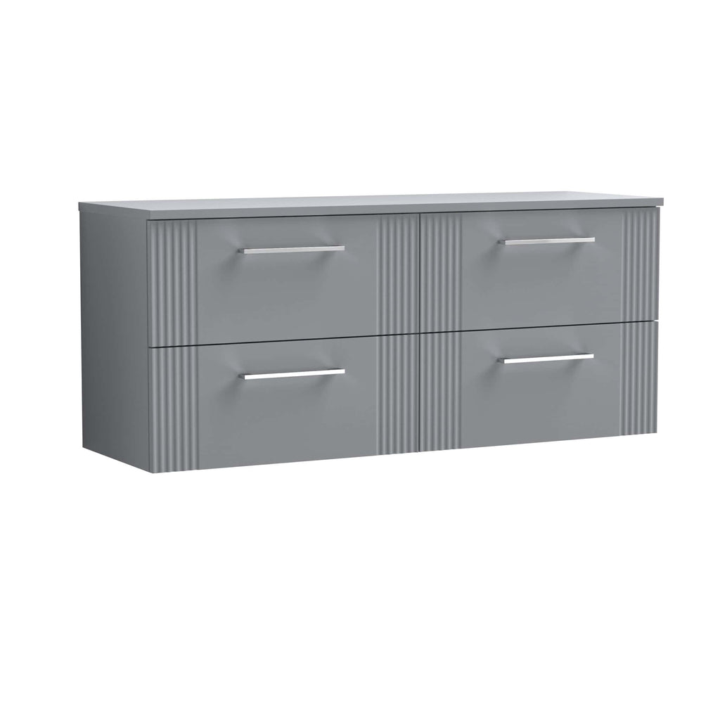 Sleek grey bathroom sideboard with six drawers featuring modern horizontal handles and textured vertical panel detailing, designed for stylish storage solutions.