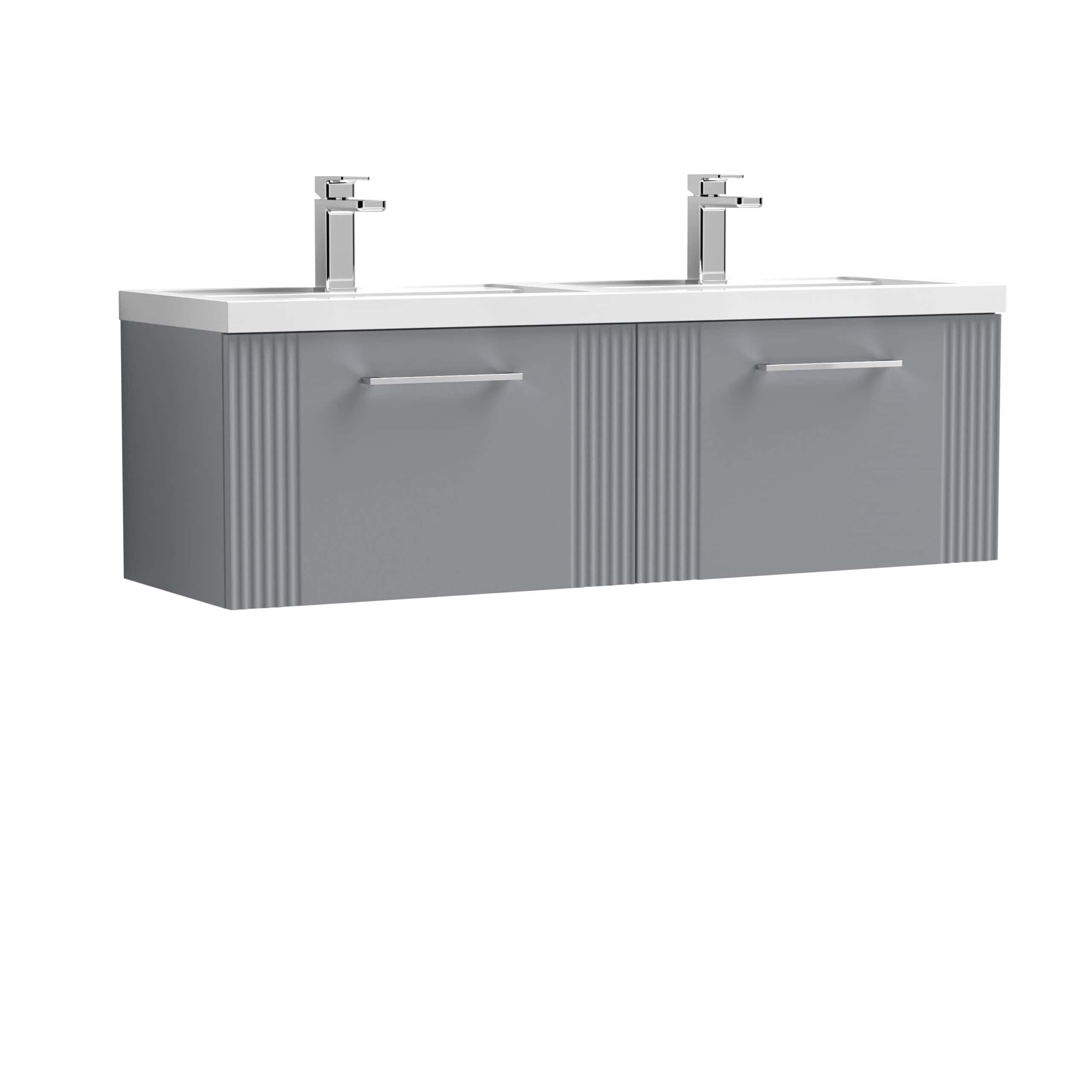 Modern grey double bathroom vanity with two sinks, chrome faucets, and streamlined cabinet doors for stylish and functional bathroom storage.