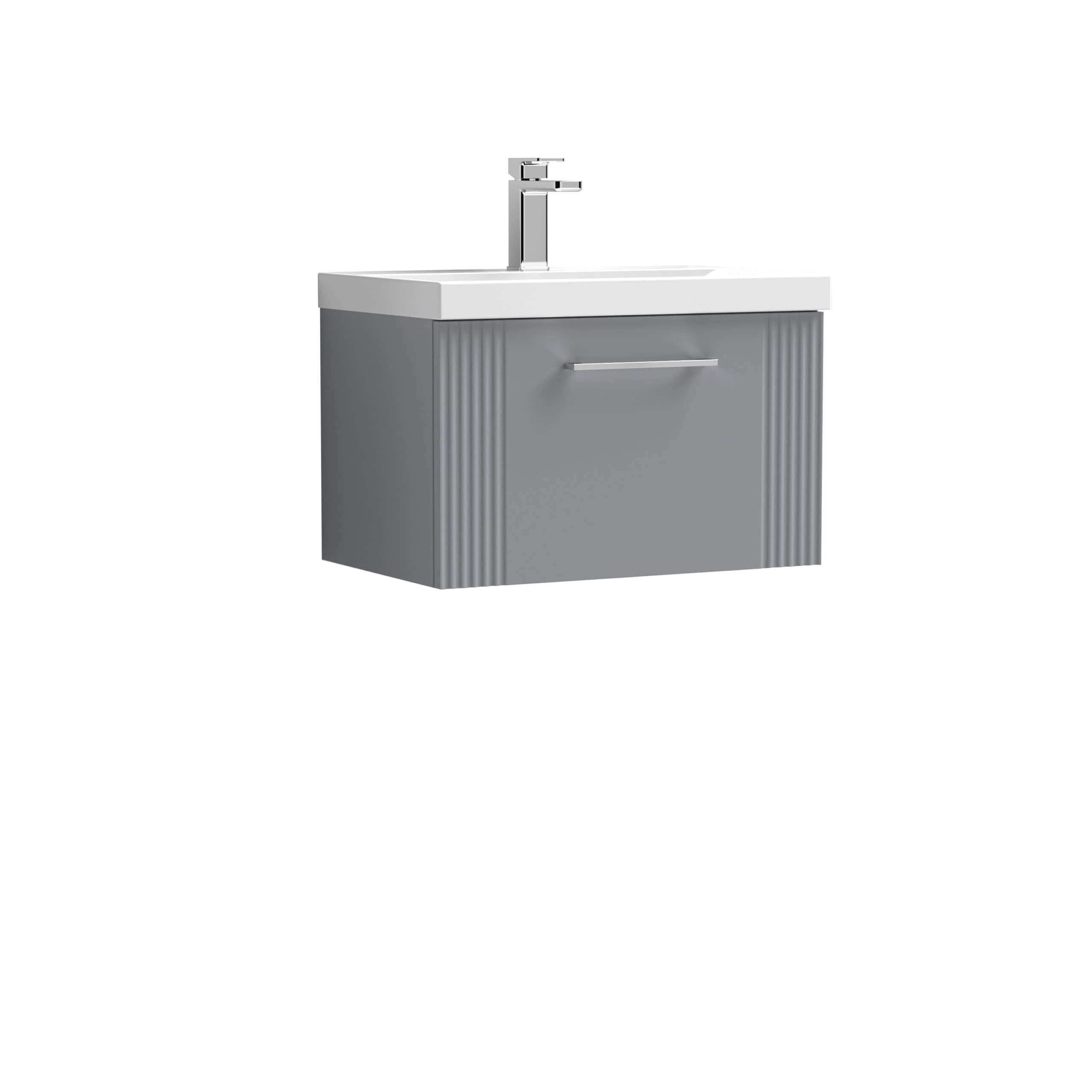 Sleek bathroom vanity with integrated sink and modern chrome faucet, ideal for contemporary bathroom designs.