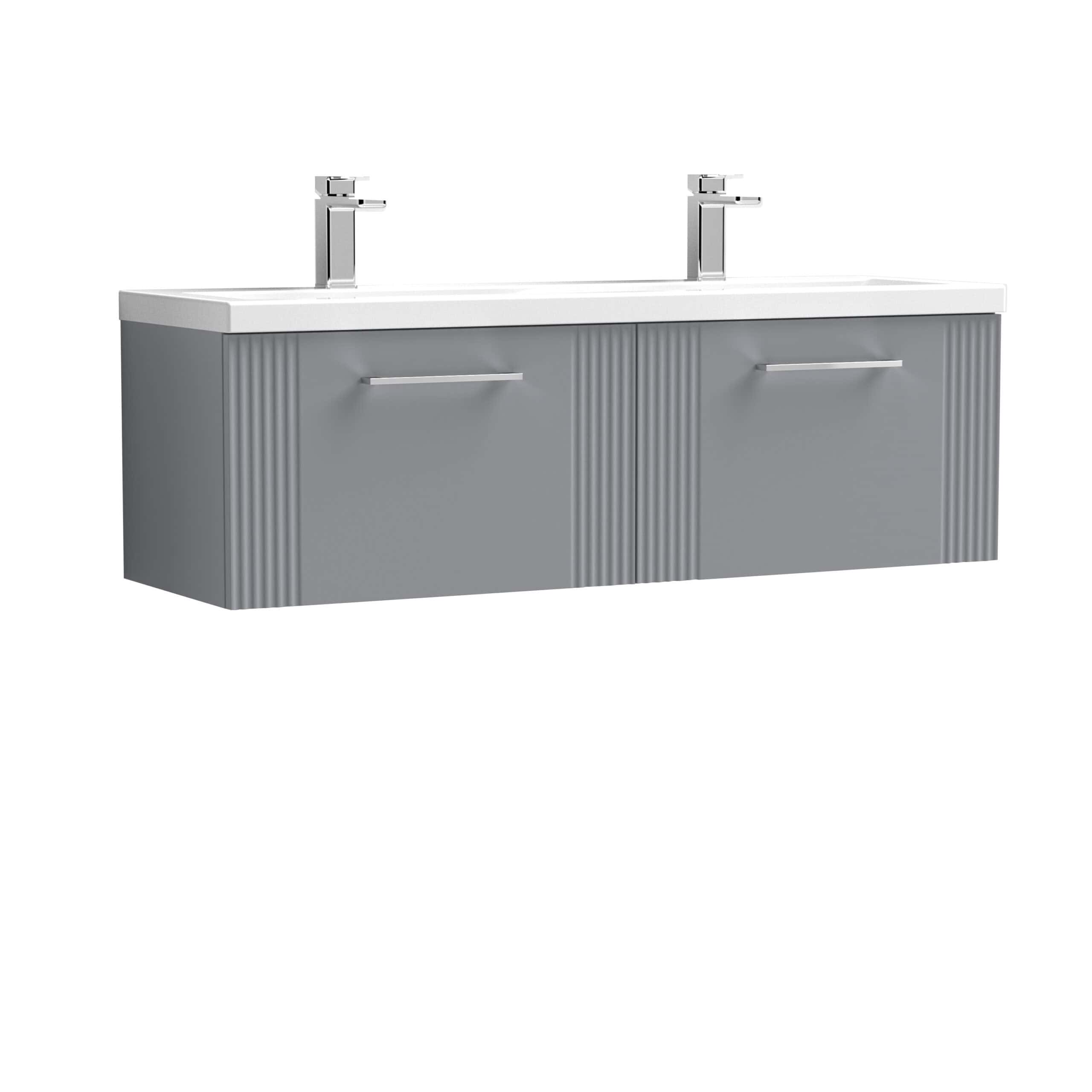 Minimalist double bathroom vanity with grey cabinetry and white countertop, featuring sleek chrome handles and modern twin sinks with chrome taps for a contemporary bathroom design.