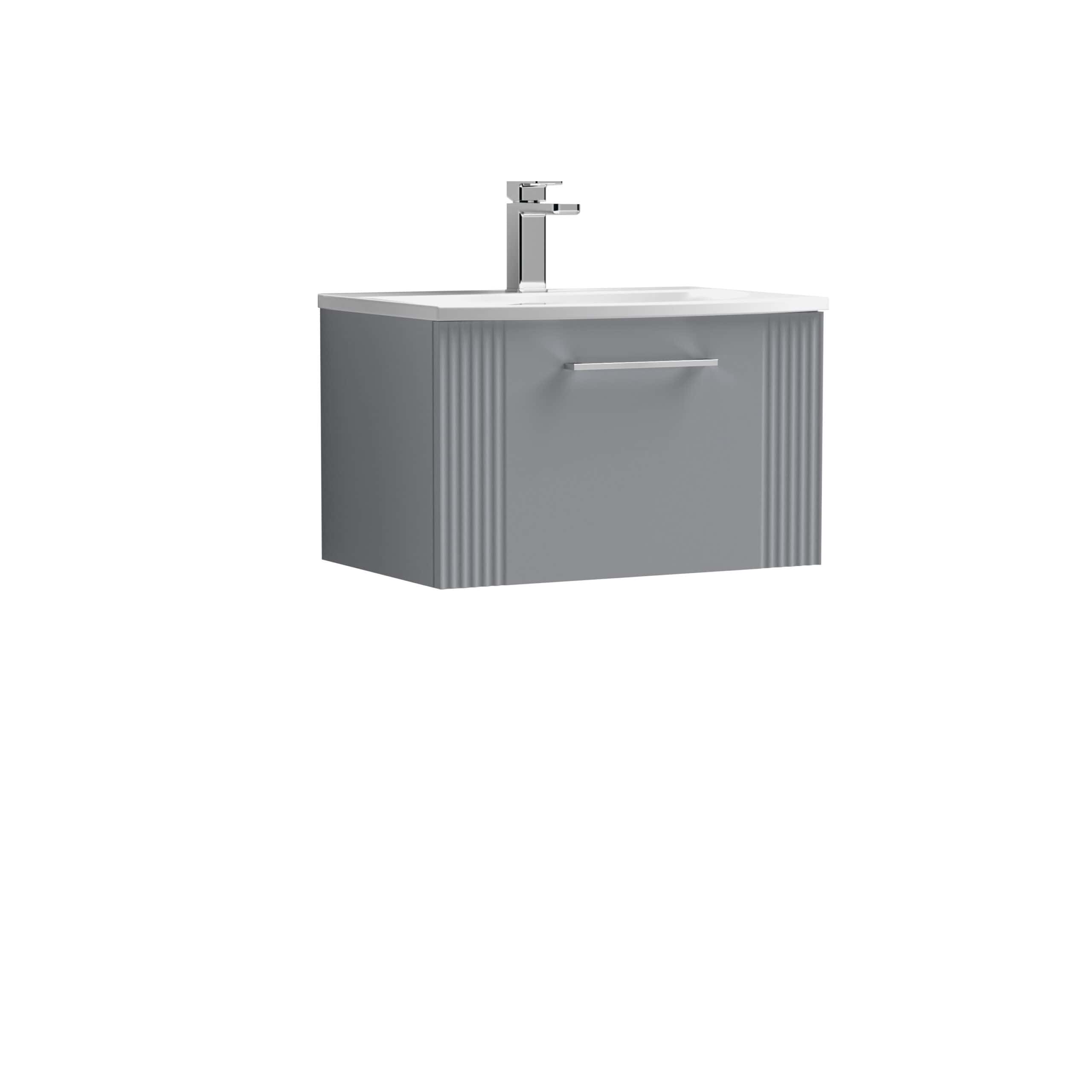 Modern grey bathroom vanity with integrated sink and chrome faucet, perfect for contemporary bathrooms and storage solutions. Sleek design enhances bathroom aesthetics and functionality.