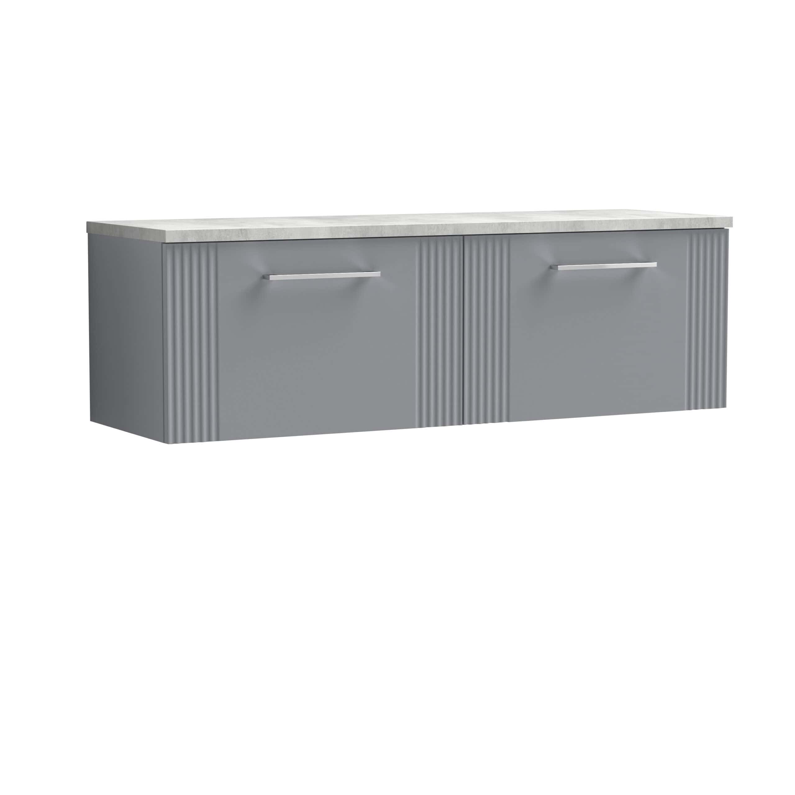 Contemporary grey bathroom vanity unit with sleek cabinet doors and a light-coloured countertop, perfect for modern bathroom interiors.