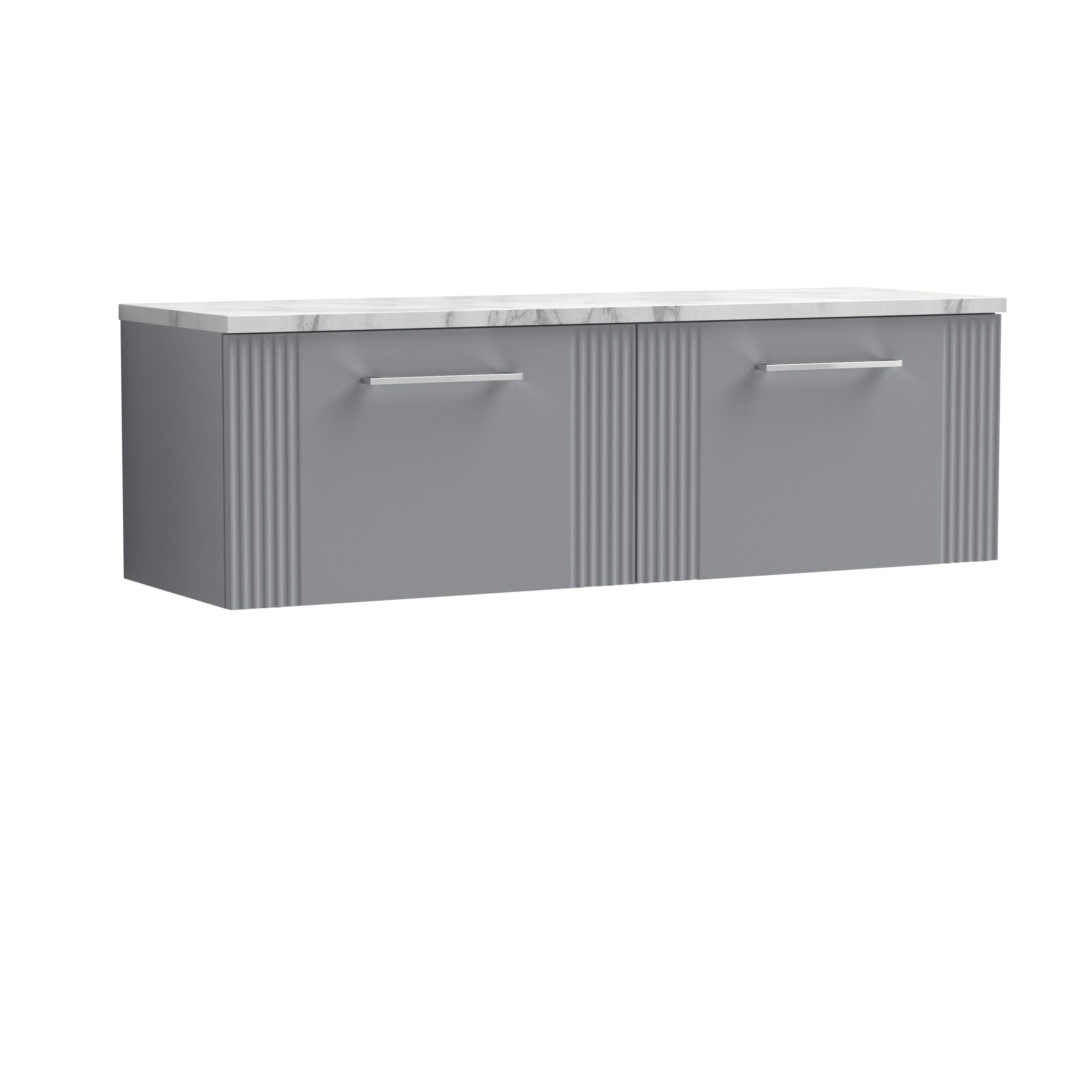 Sleek grey bathroom vanity with ribbed detailing and a white marble countertop, ideal for modern bathroom storage and design. Perfect for contemporary bathroom renovations and stylish storage solutions.