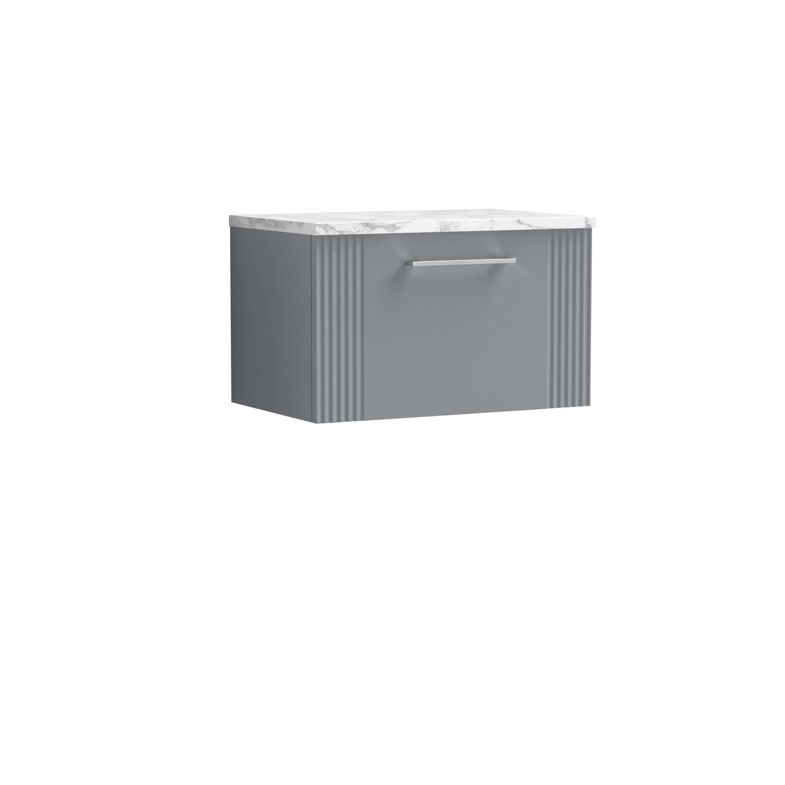 Modern grey bathroom vanity with marble countertop and sleek handle, ideal for contemporary bathroom decoration and storage solutions.