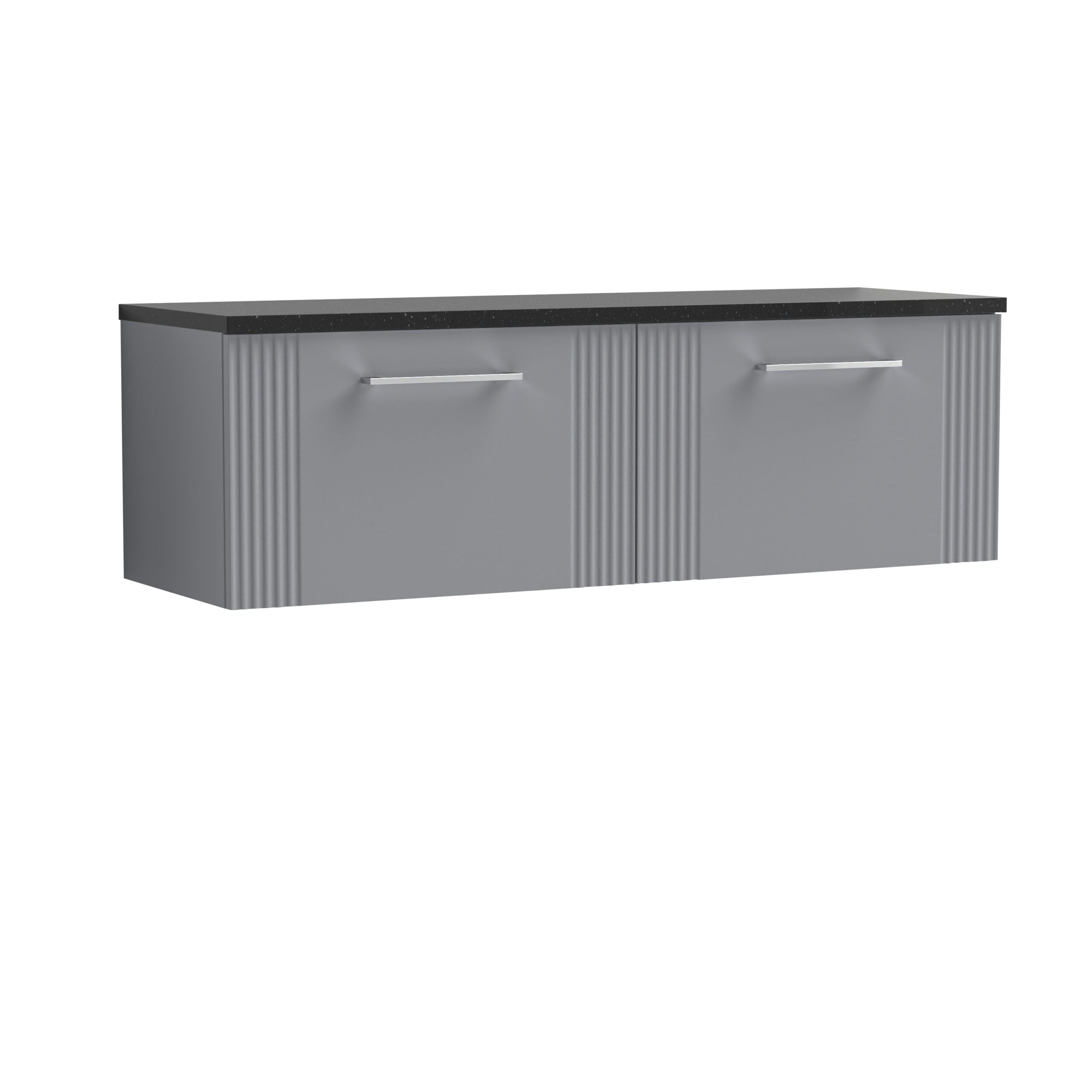 Sleek grey bathroom vanity with ribbed-panel cabinet doors and a black countertop, ideal for modern bathroom designs and storage solutions.