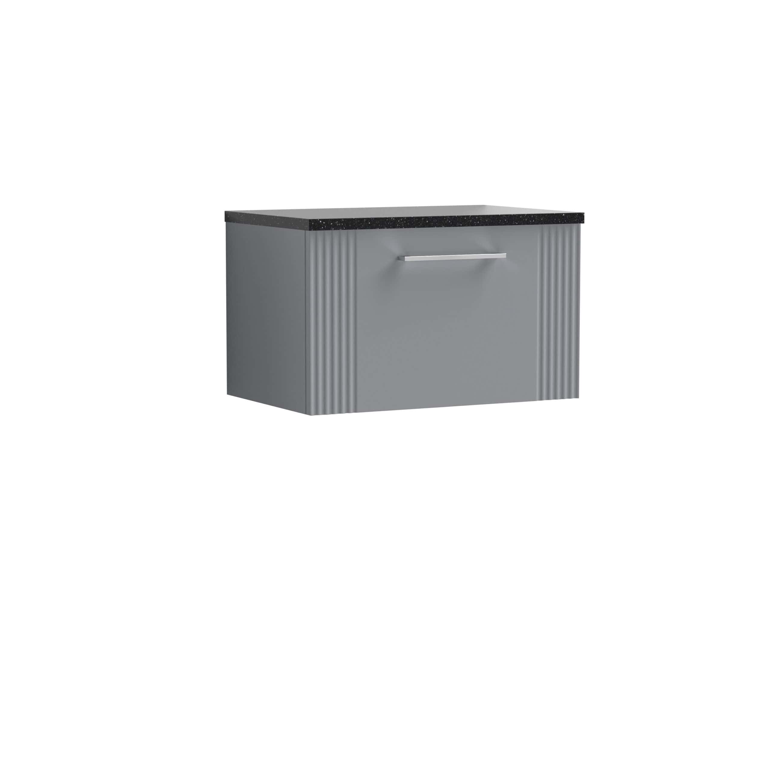 Modern grey bathroom vanity unit with black stone countertop and sleek handle for contemporary bathroom storage solutions.