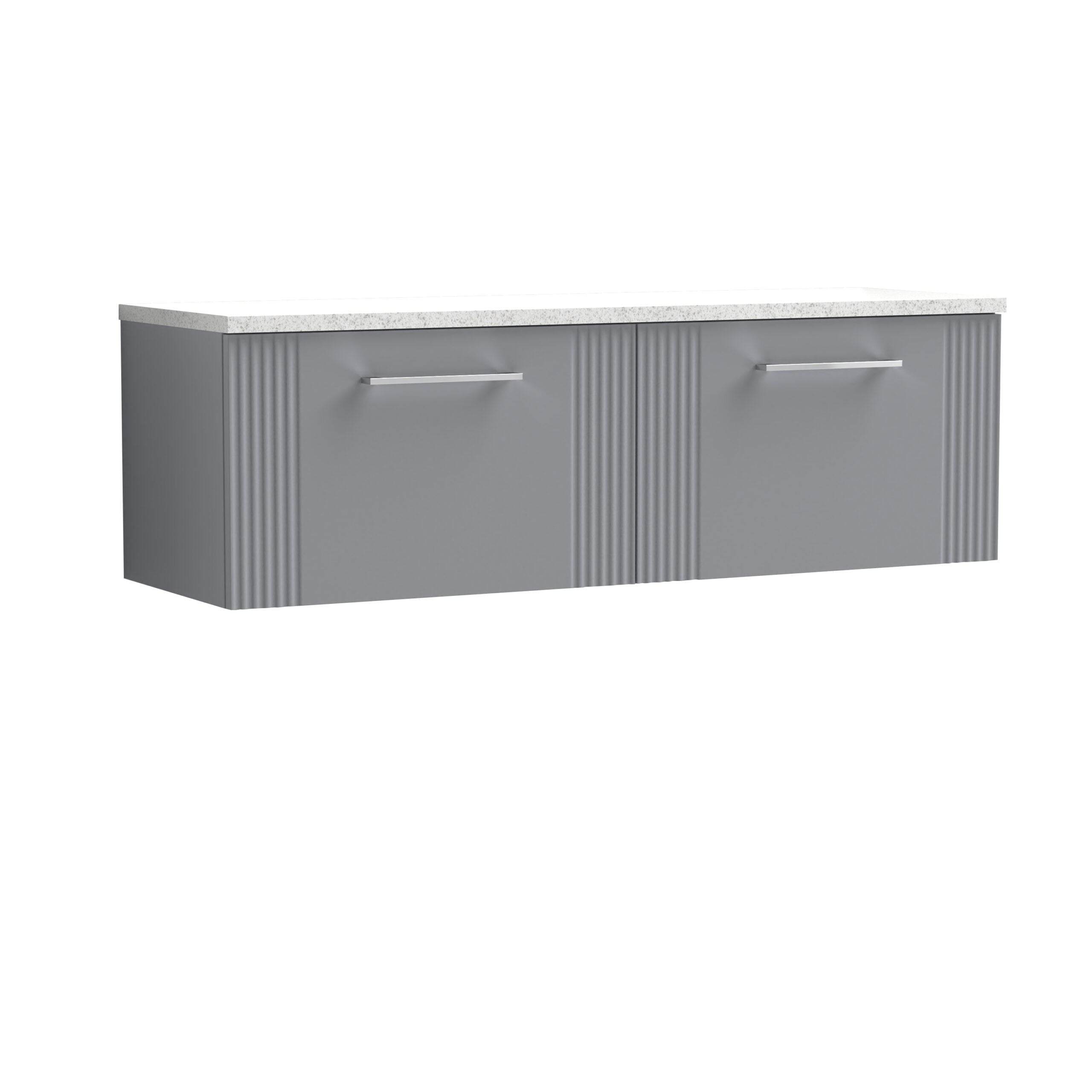 Modern grey bathroom vanity with sleek handles and textured paneling, featuring a durable white quartz countertop, perfect for contemporary home bathroom renovations.