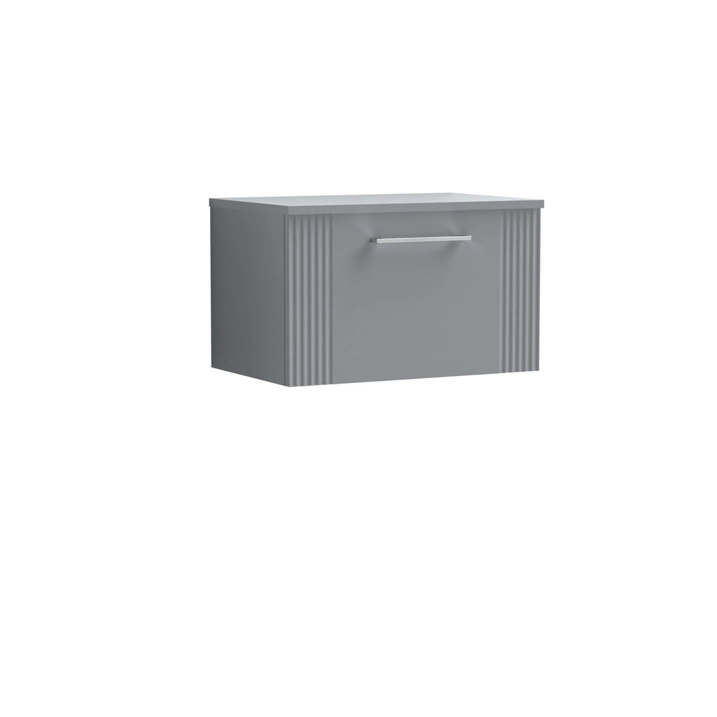 Sleek grey bathroom vanity cabinet with modern handle and ribbed side panels, ideal for contemporary bathrooms and storage solutions.