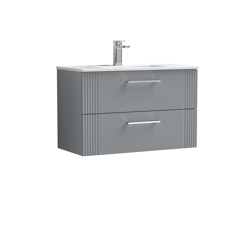 Modern grey bathroom vanity with integrated sink and chrome-finished faucet, ideal for contemporary bathroom designs.