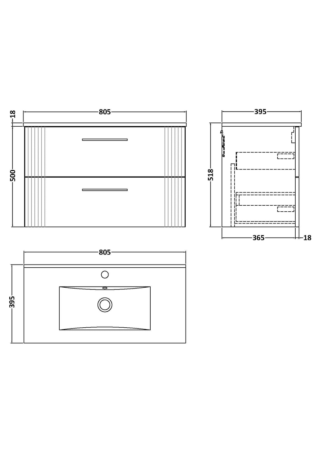 Elegant modern bathroom vanity unit with sleek drawer handles, designed for stylish Bubly bathrooms; features detailed technical drawing with dimensions for seamless installation.