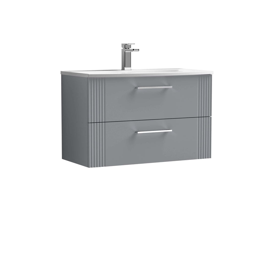 Modern grey bathroom vanity with integrated sink and chrome faucet for stylish bathroom storage solutions.
