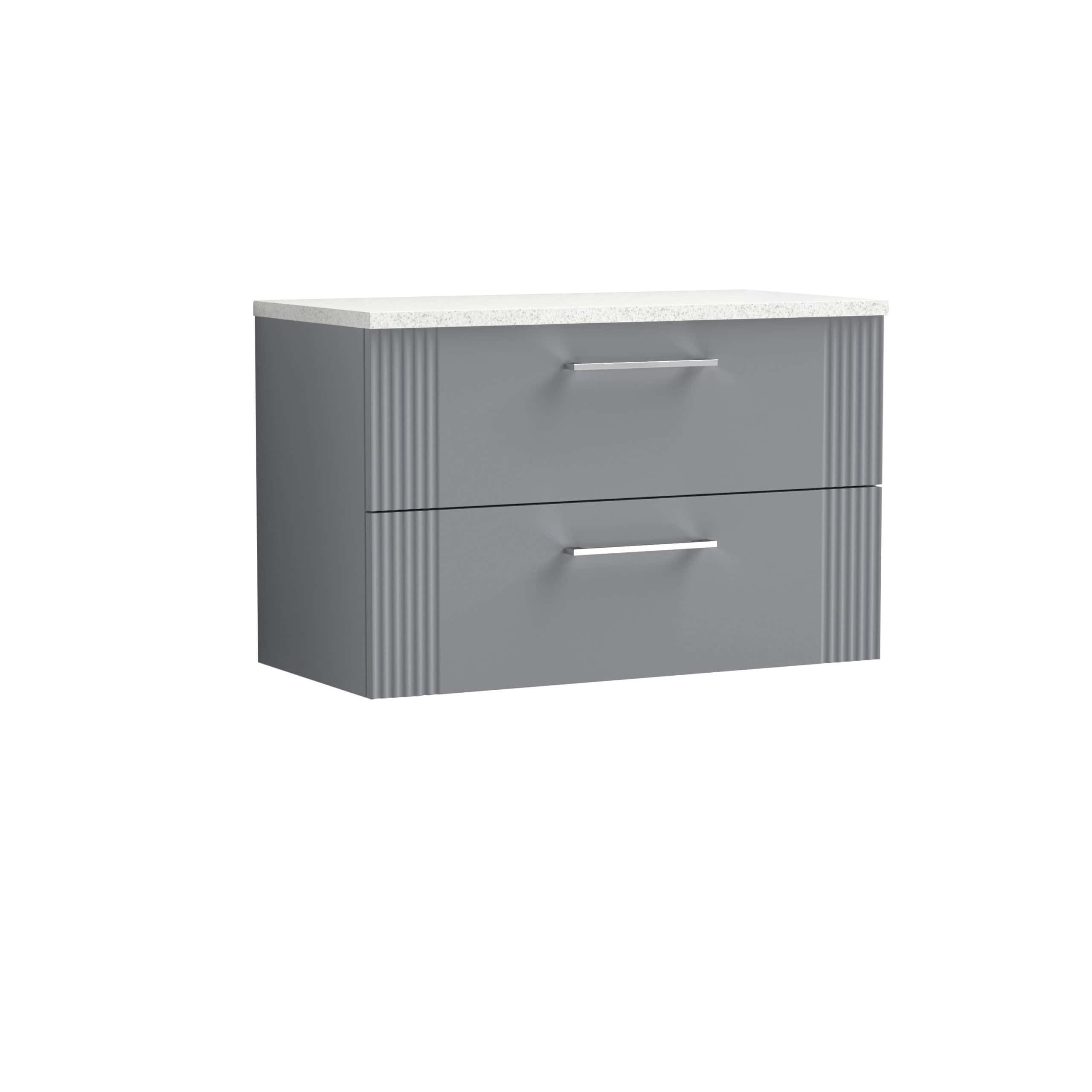 Sleek grey bathroom vanity unit with a white countertop, twin drawers with modern metallic handles, perfect for contemporary bathroom storage solutions.