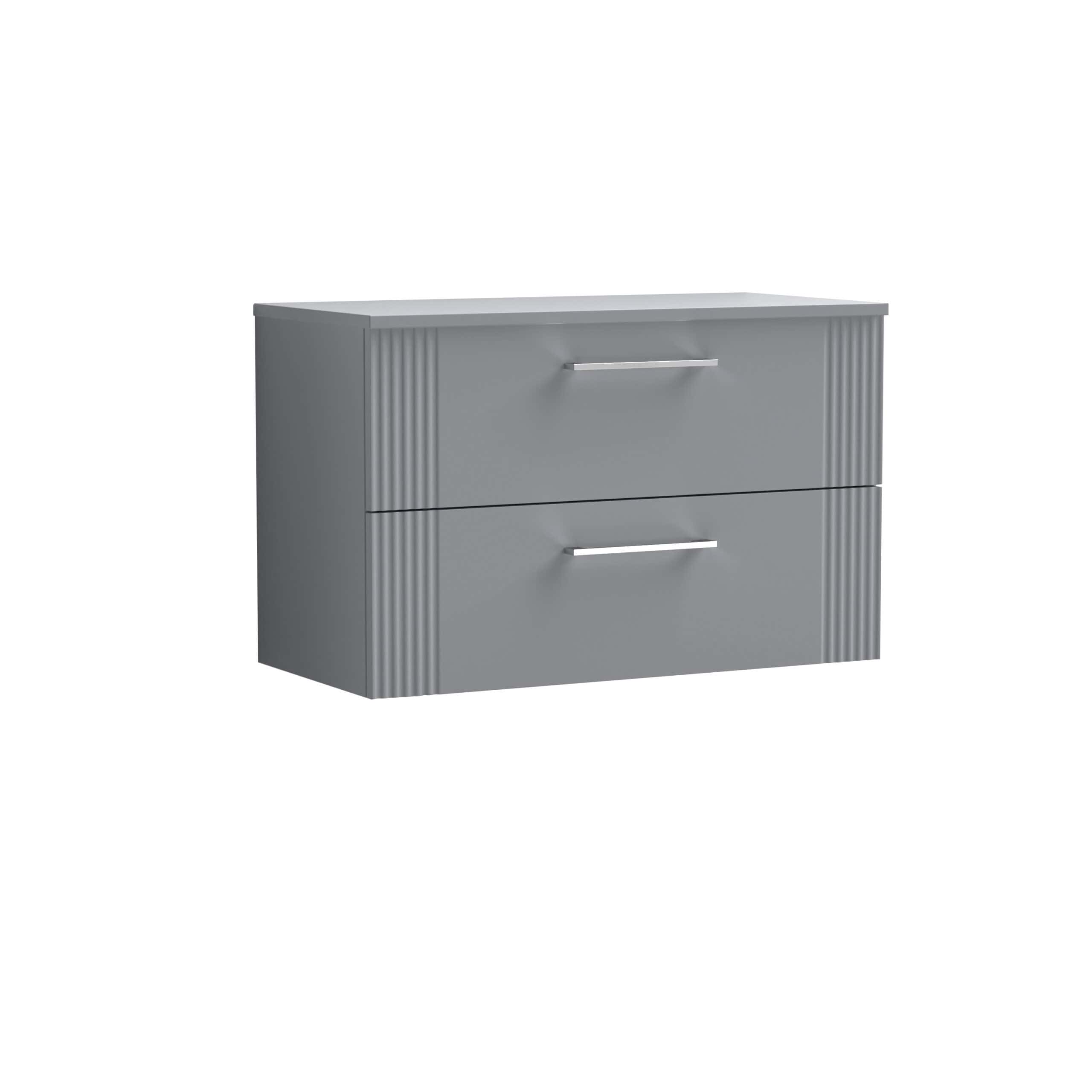 Modern grey bathroom cabinet with sleek metal handles and ribbed side panels, ideal for contemporary bathroom storage and organisation.