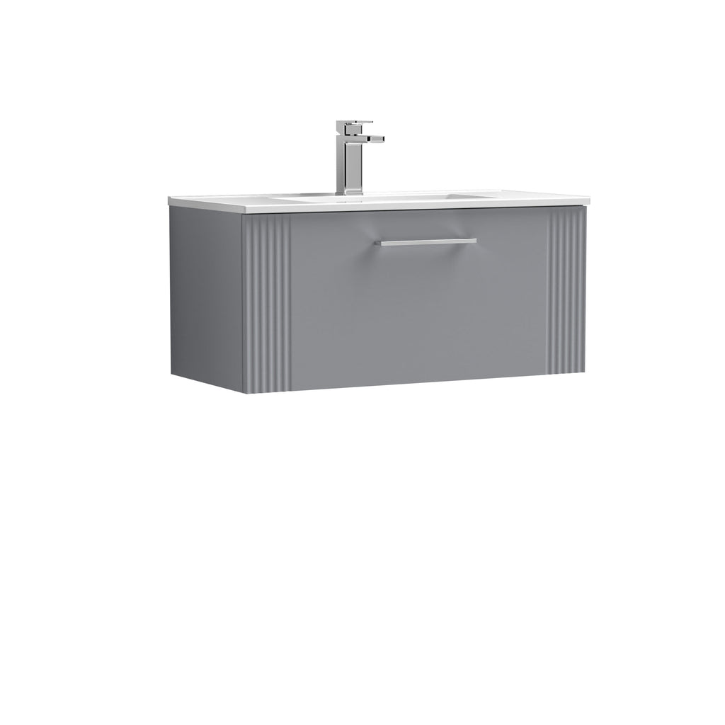Sleek modern bathroom vanity unit with integrated sink and chrome tap, featuring clean lines and efficient storage in a stylish grey finish for contemporary bathroom designs.