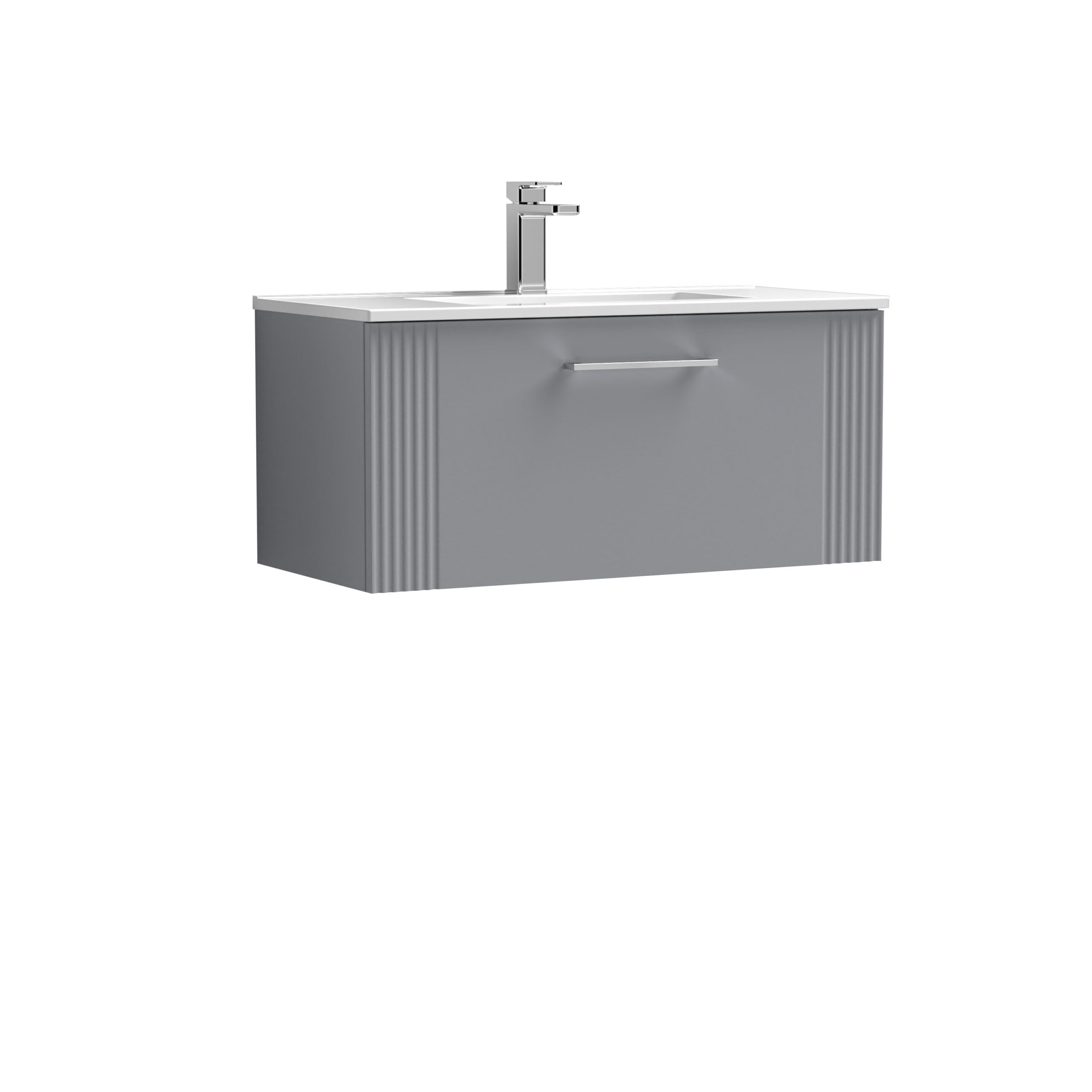 Sleek modern bathroom vanity unit with integrated sink and chrome tap, featuring clean lines and efficient storage in a stylish grey finish for contemporary bathroom designs.