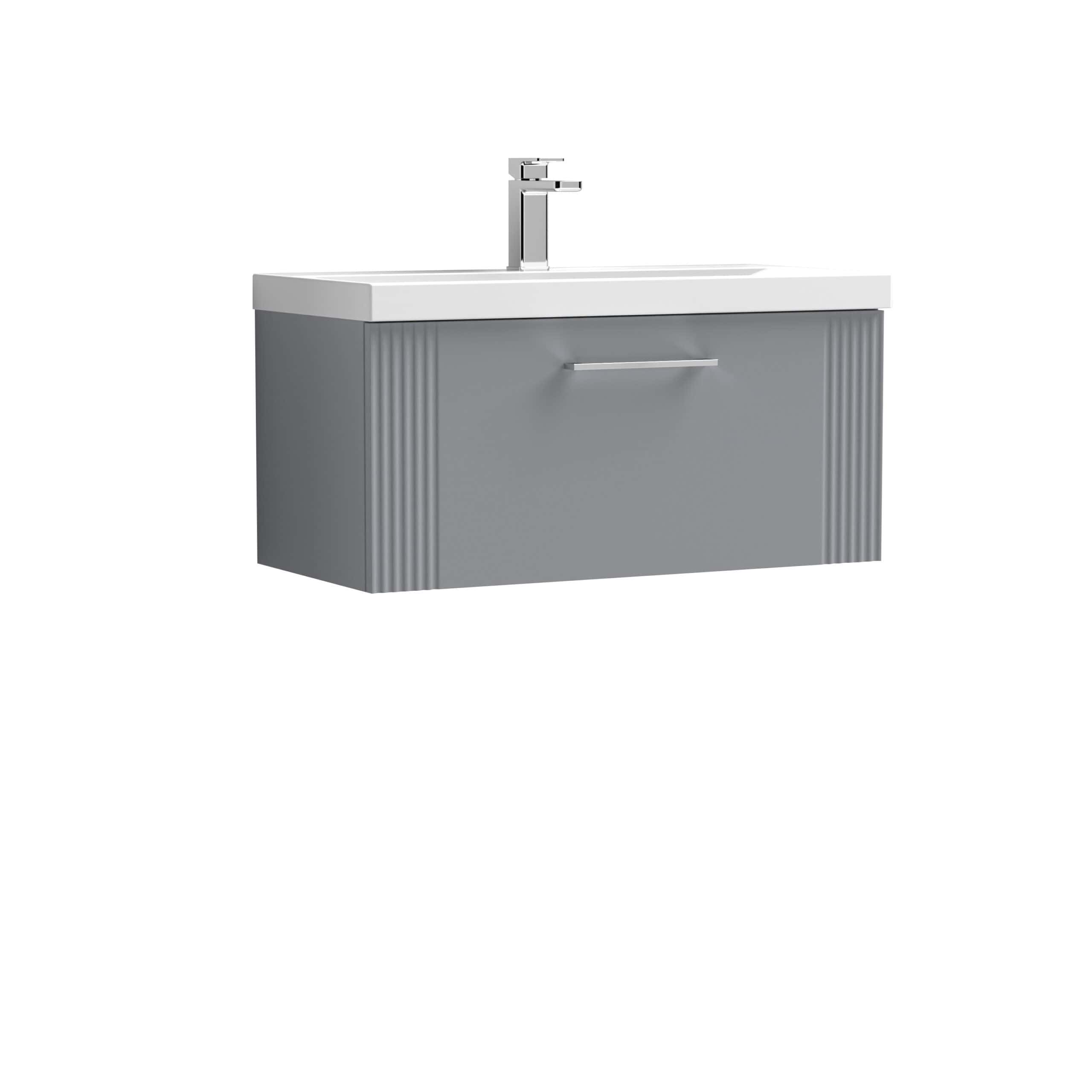 Sleek grey bathroom vanity with integrated sink and modern chrome tap, perfect for contemporary bathrooms. Features a minimalist design with a spacious storage drawer for toiletries and essentials.