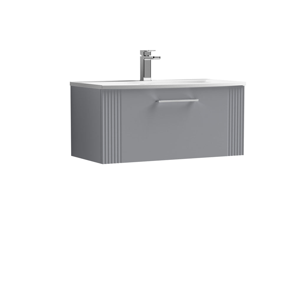 Sleek modern bathroom vanity unit with integrated sink and chrome tap, perfect for contemporary bathrooms. Durable grey cabinet with a minimalist design offers practical storage and a stylish look.