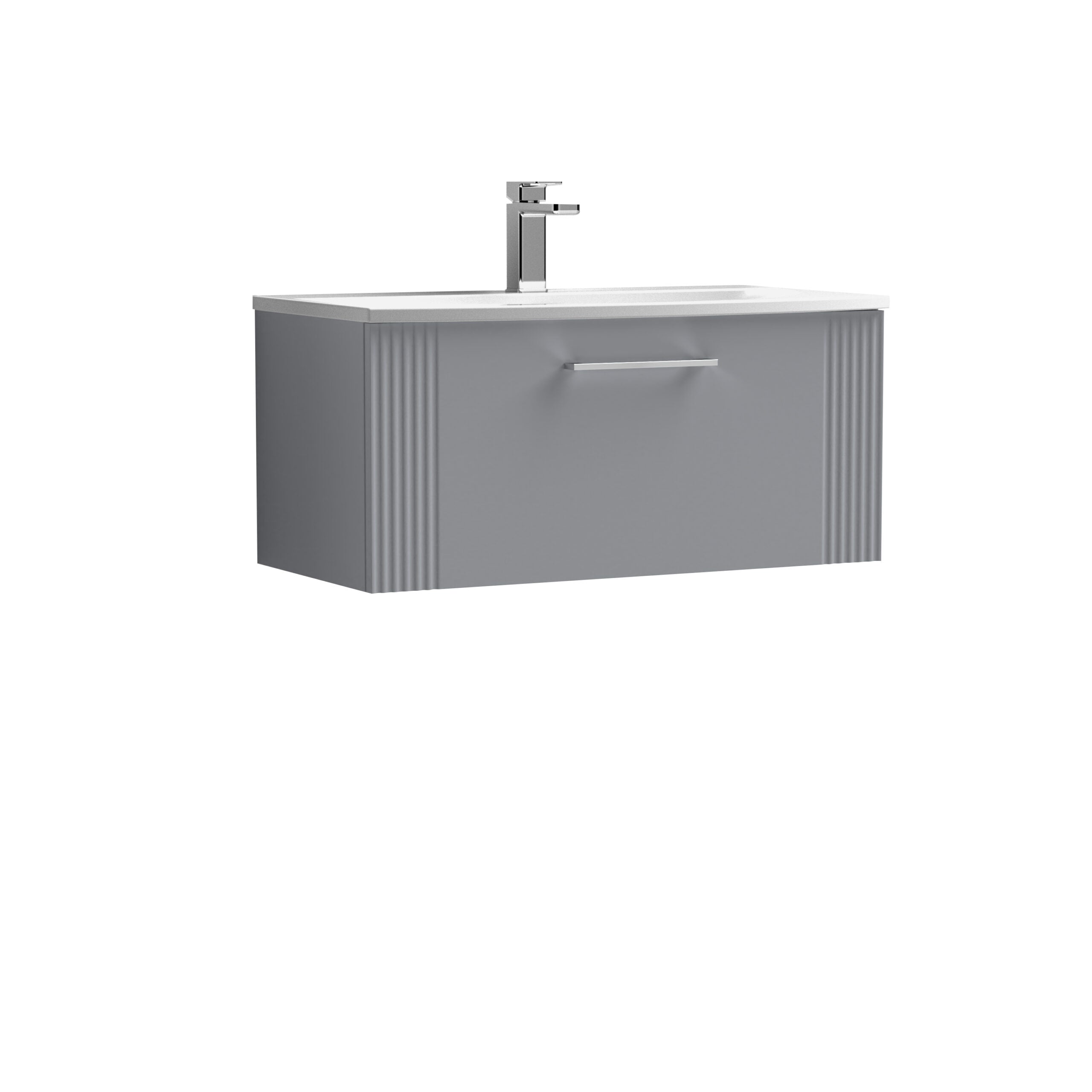 Sleek modern bathroom vanity unit with integrated sink and chrome tap, perfect for contemporary bathrooms. Durable grey cabinet with a minimalist design offers practical storage and a stylish look.