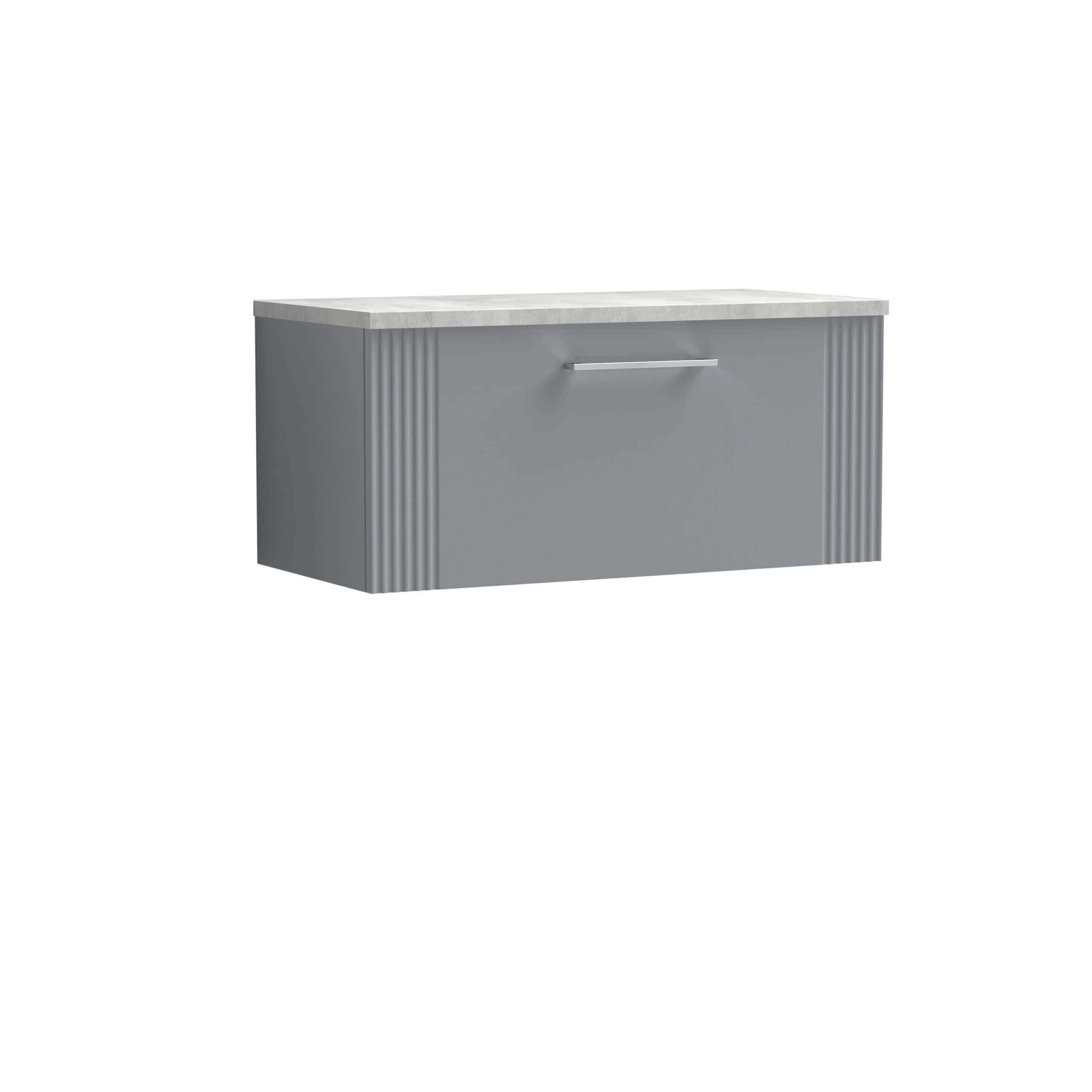 Sleek grey bathroom vanity with a modern marble top and minimalist handle, perfect for contemporary bathroom design and storage solutions.